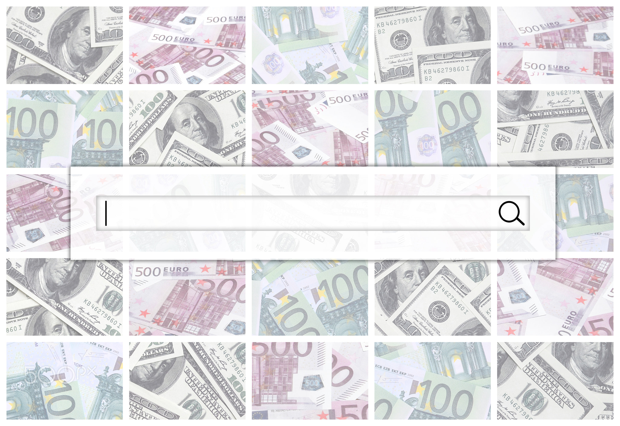 The search string is located on top of collage of many images of euro banknotes in denominations of