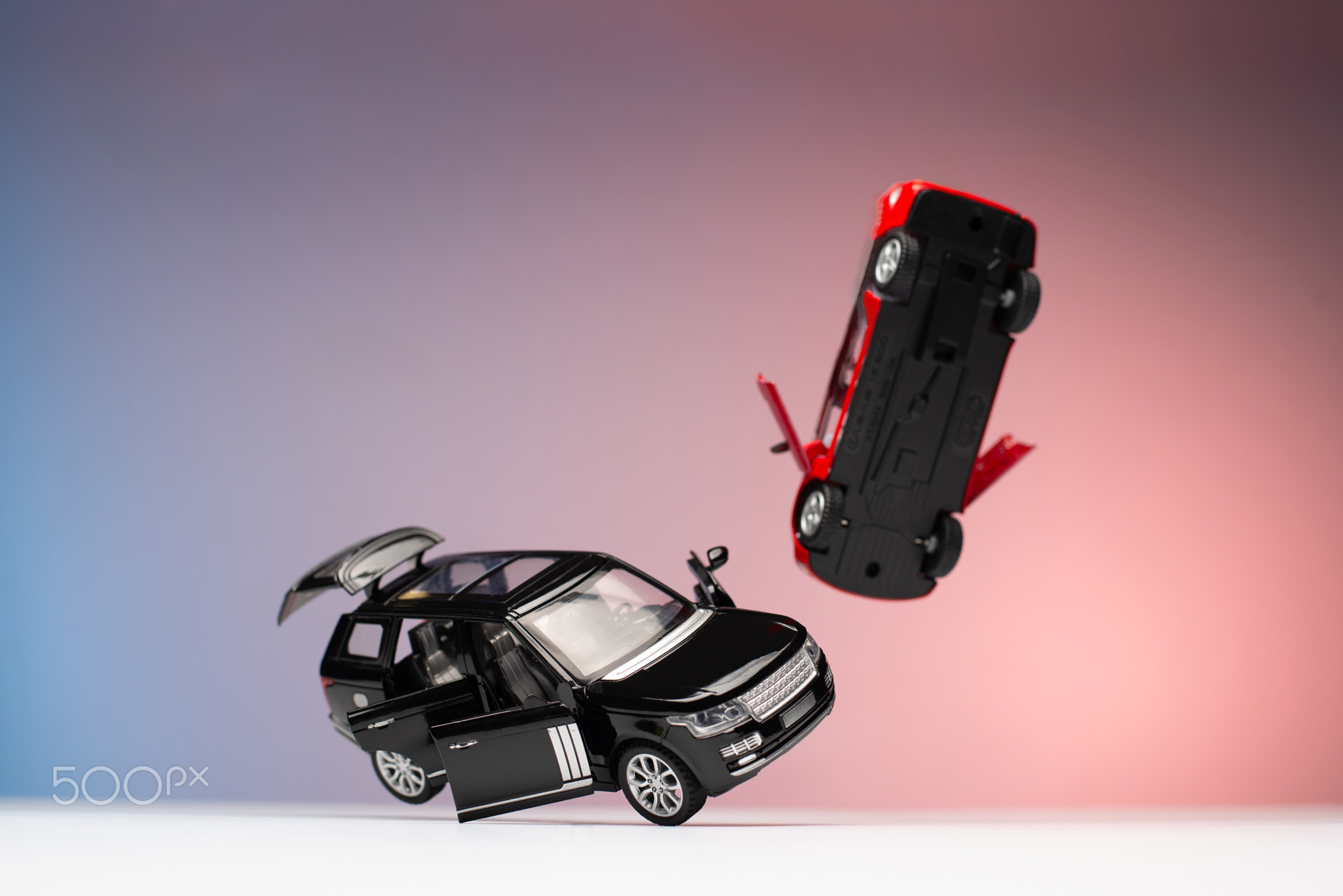 two cars accident crash on road and approaching police, insurance case, broken toys auto car