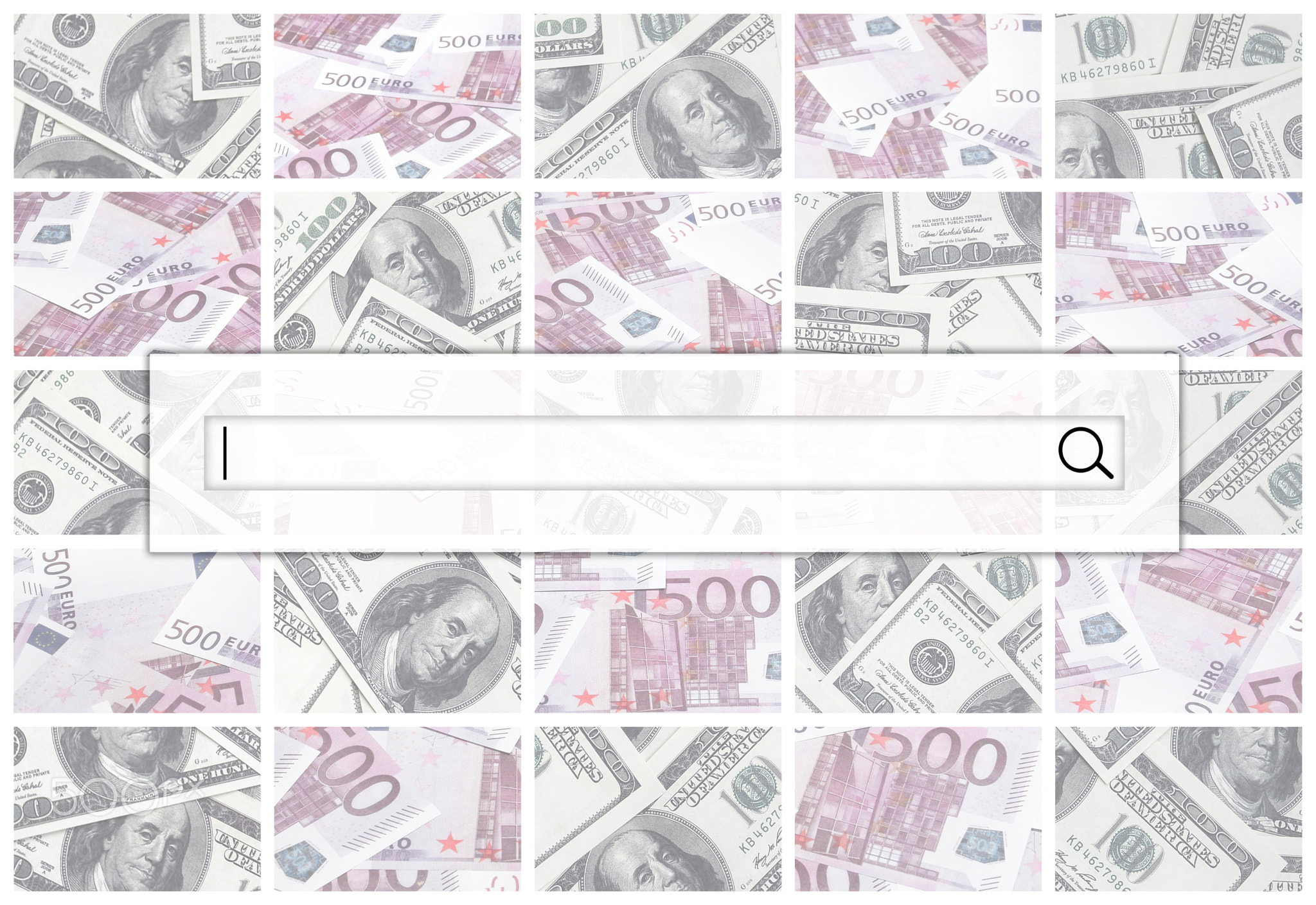 The search string is located on top of collage of many images of euro banknotes in denominations of