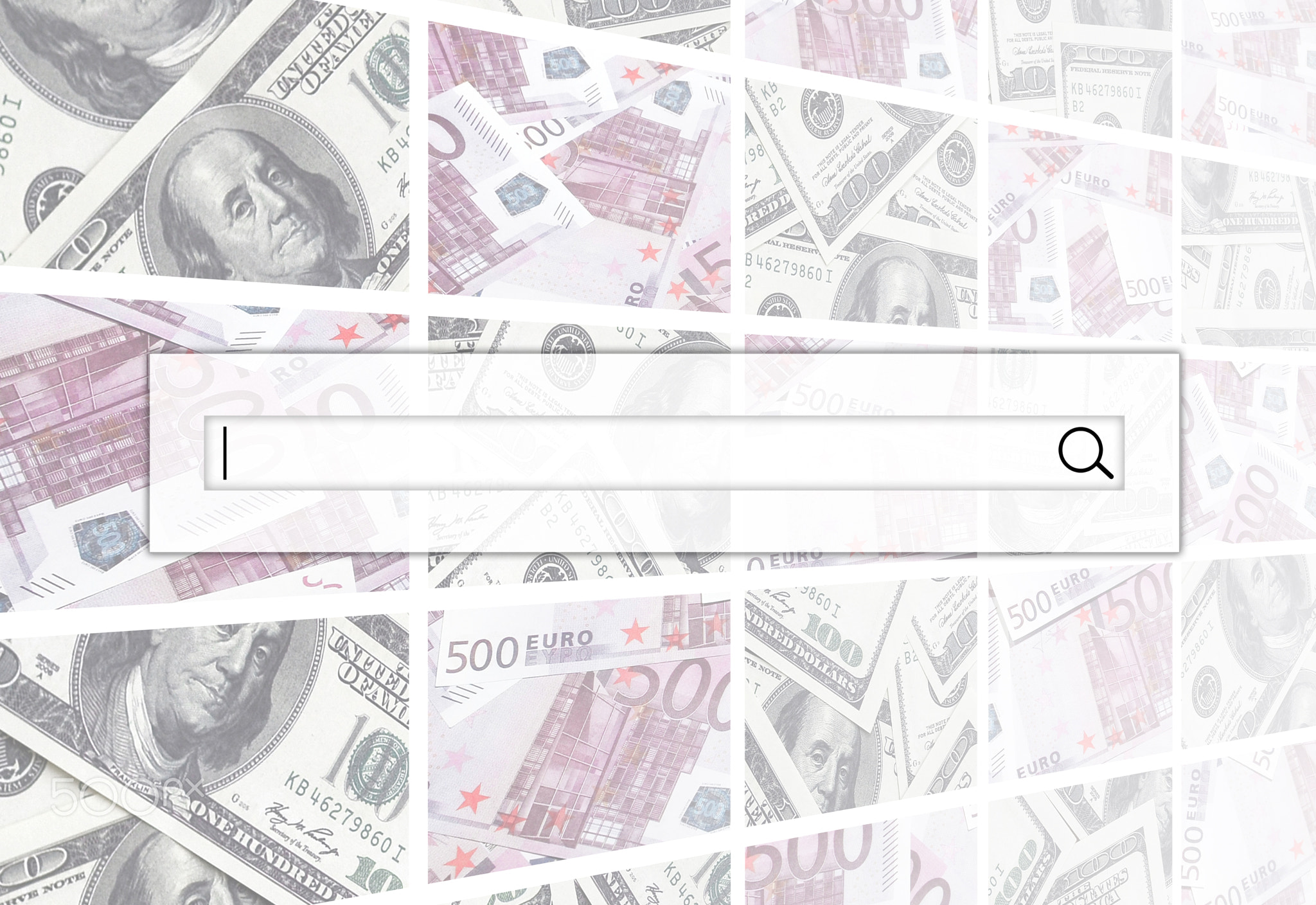 The search string is located on top of collage of many images of euro banknotes in denominations of