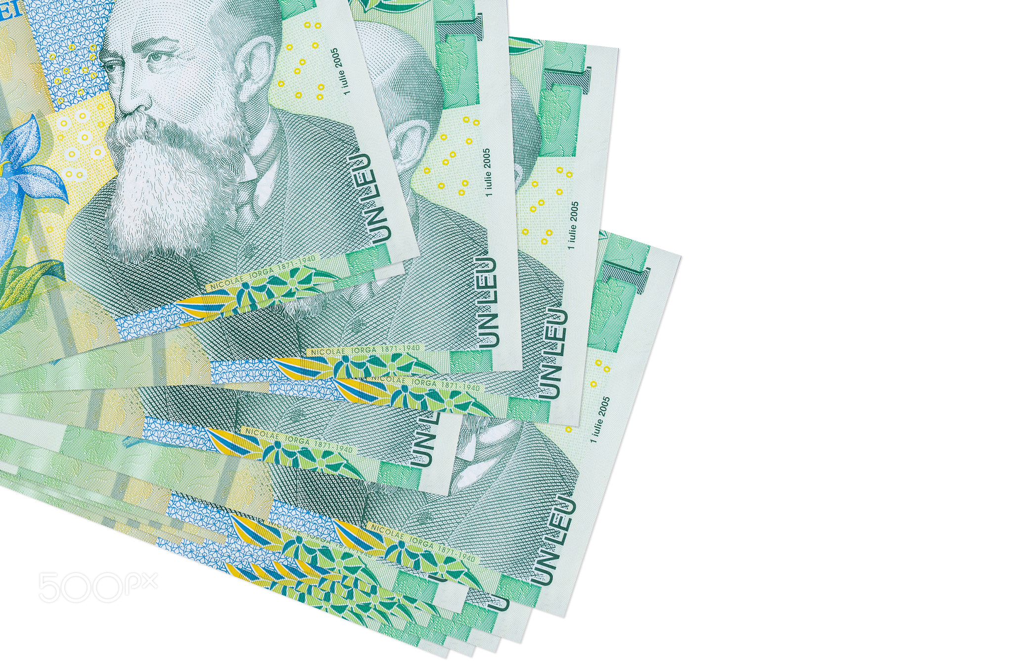1 Romanian leu bills lies in small bunch or pack isolated on white. Mockup with copy space. Business