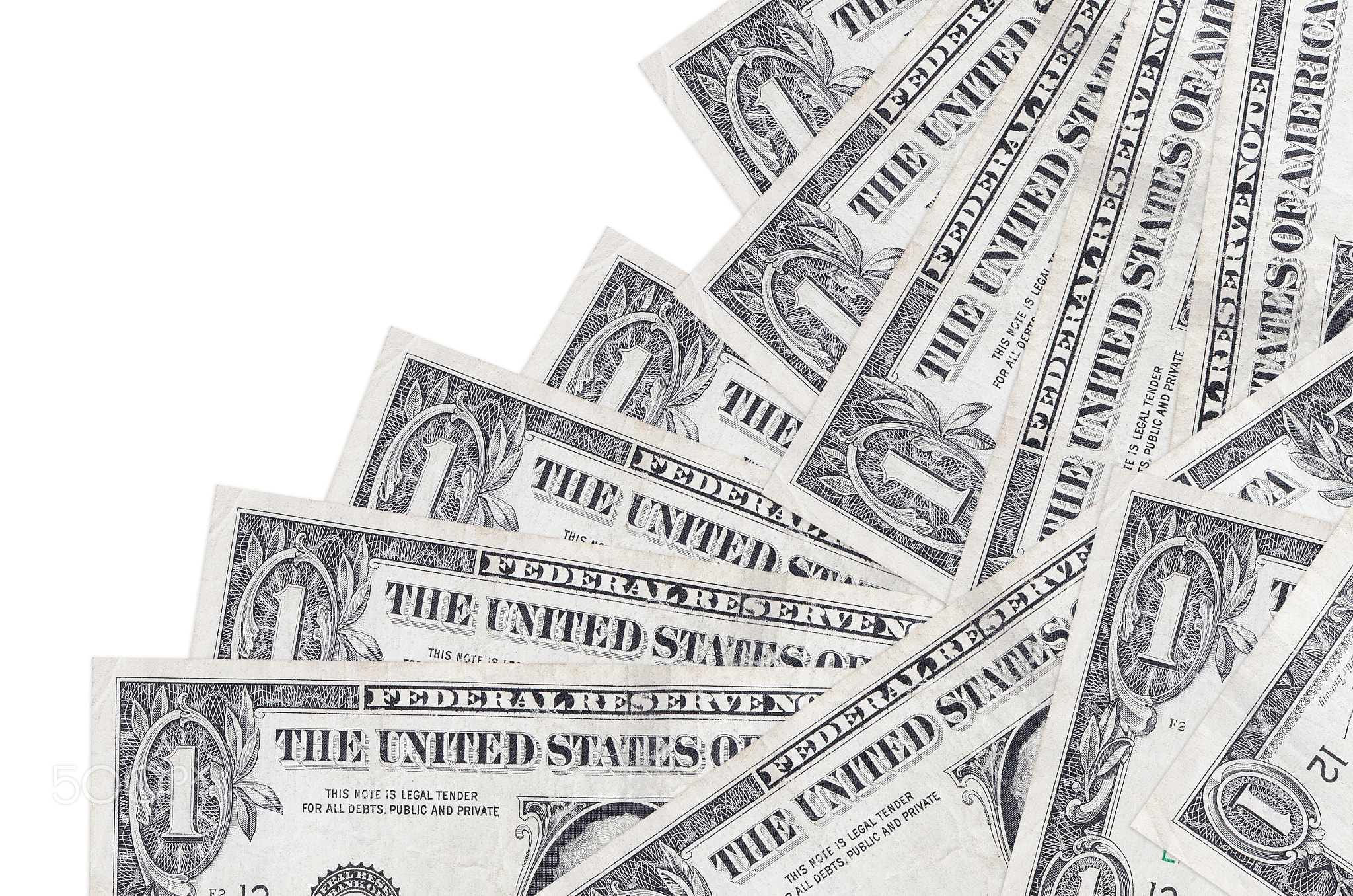 1 US dollar bills lies in different order isolated on white. Local banking or money making concept