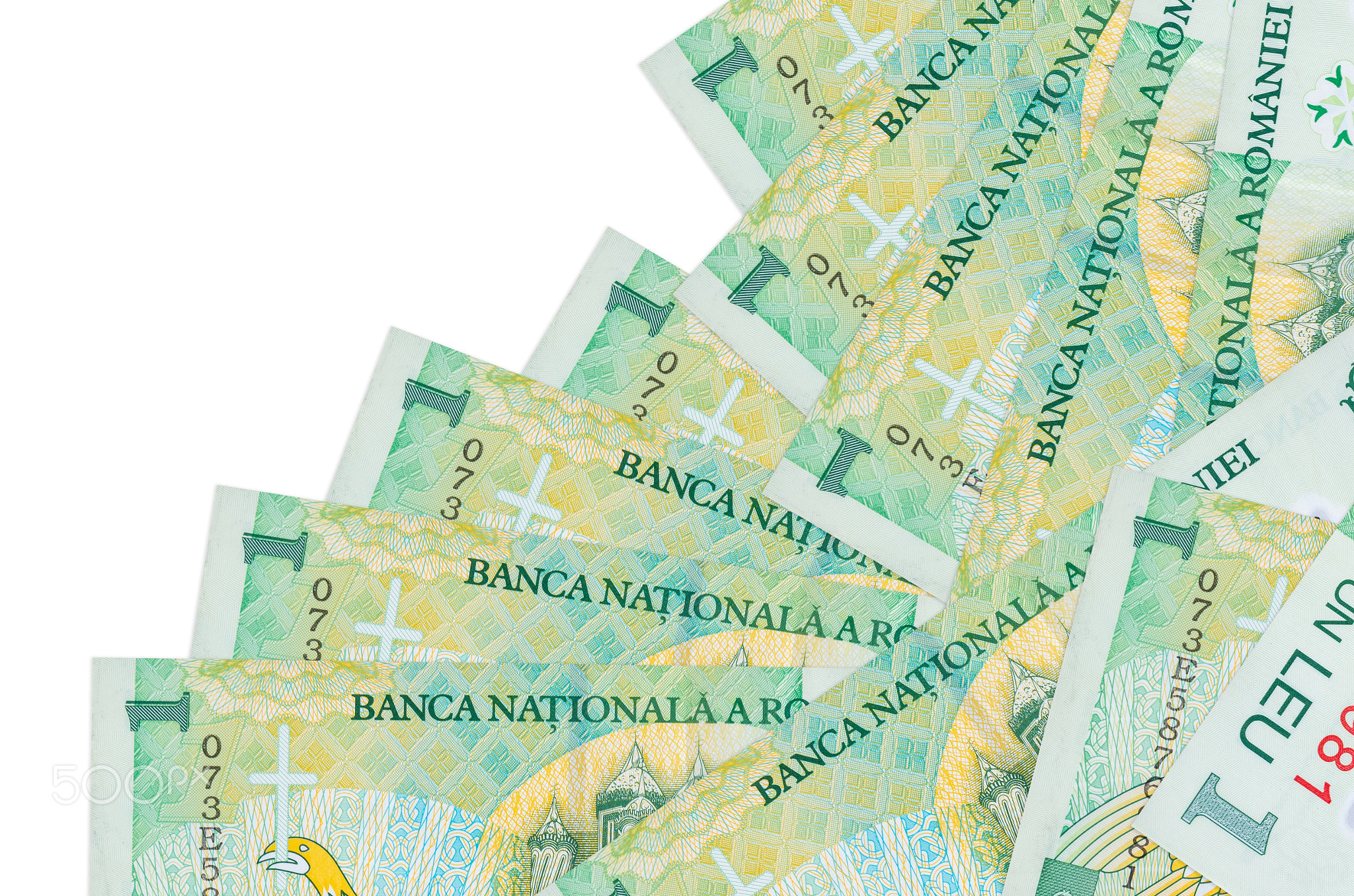 1 Romanian leu bills lies in different order isolated on white. Local banking or money making