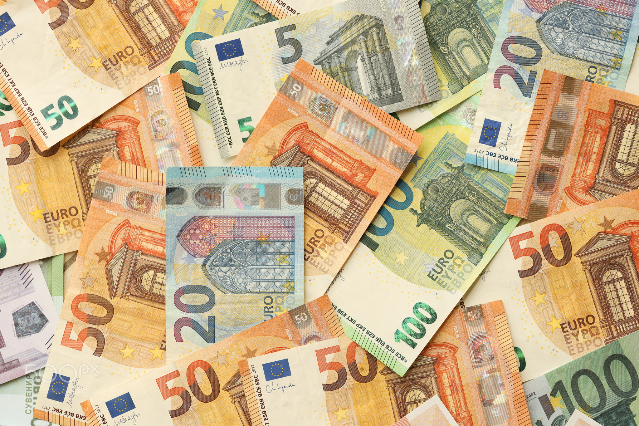 Many european euro money bills. Lot of banknotes of european union currency