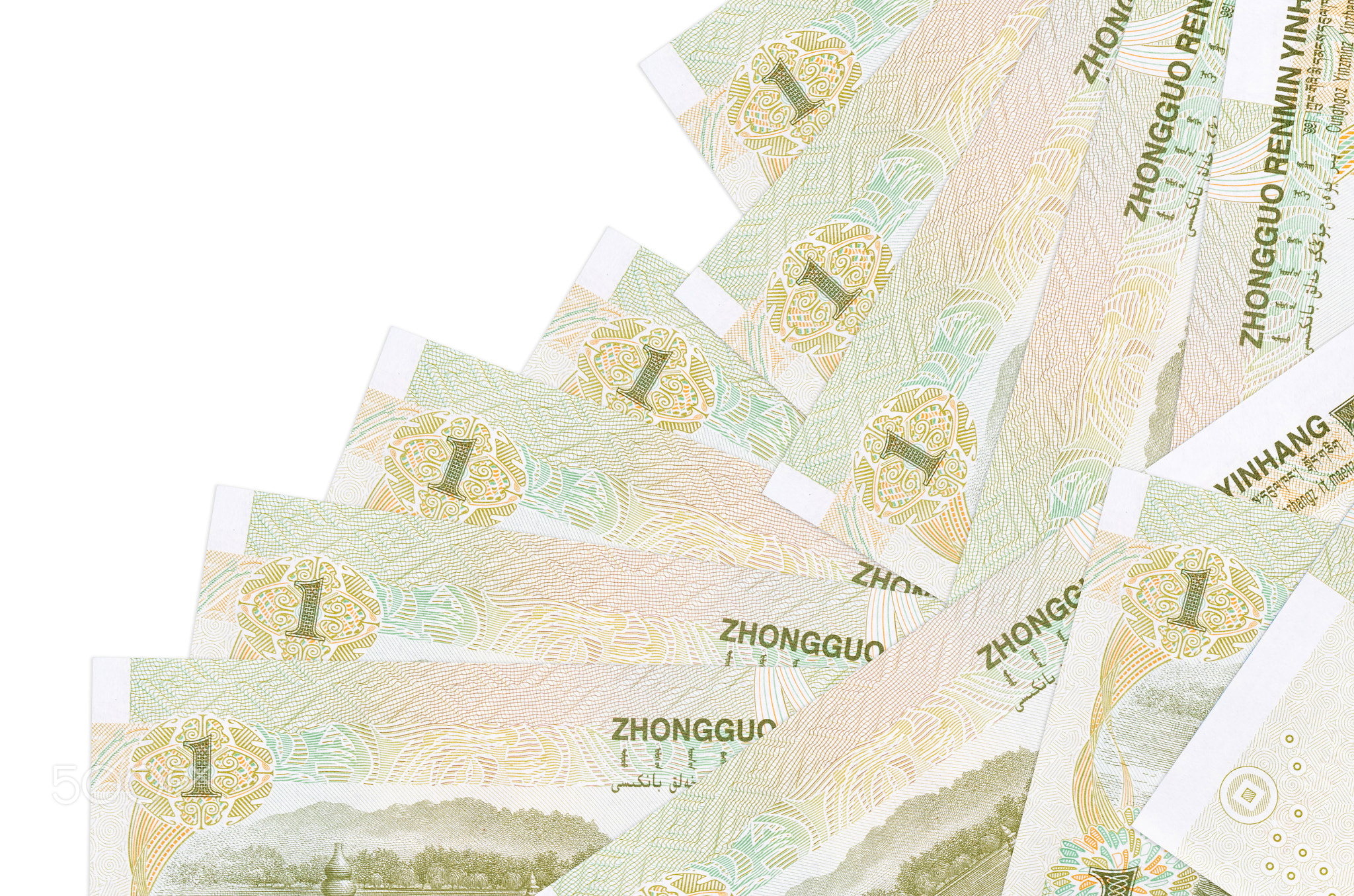 1 Chinese yuan bills lies in different order isolated on white. Local banking or money making