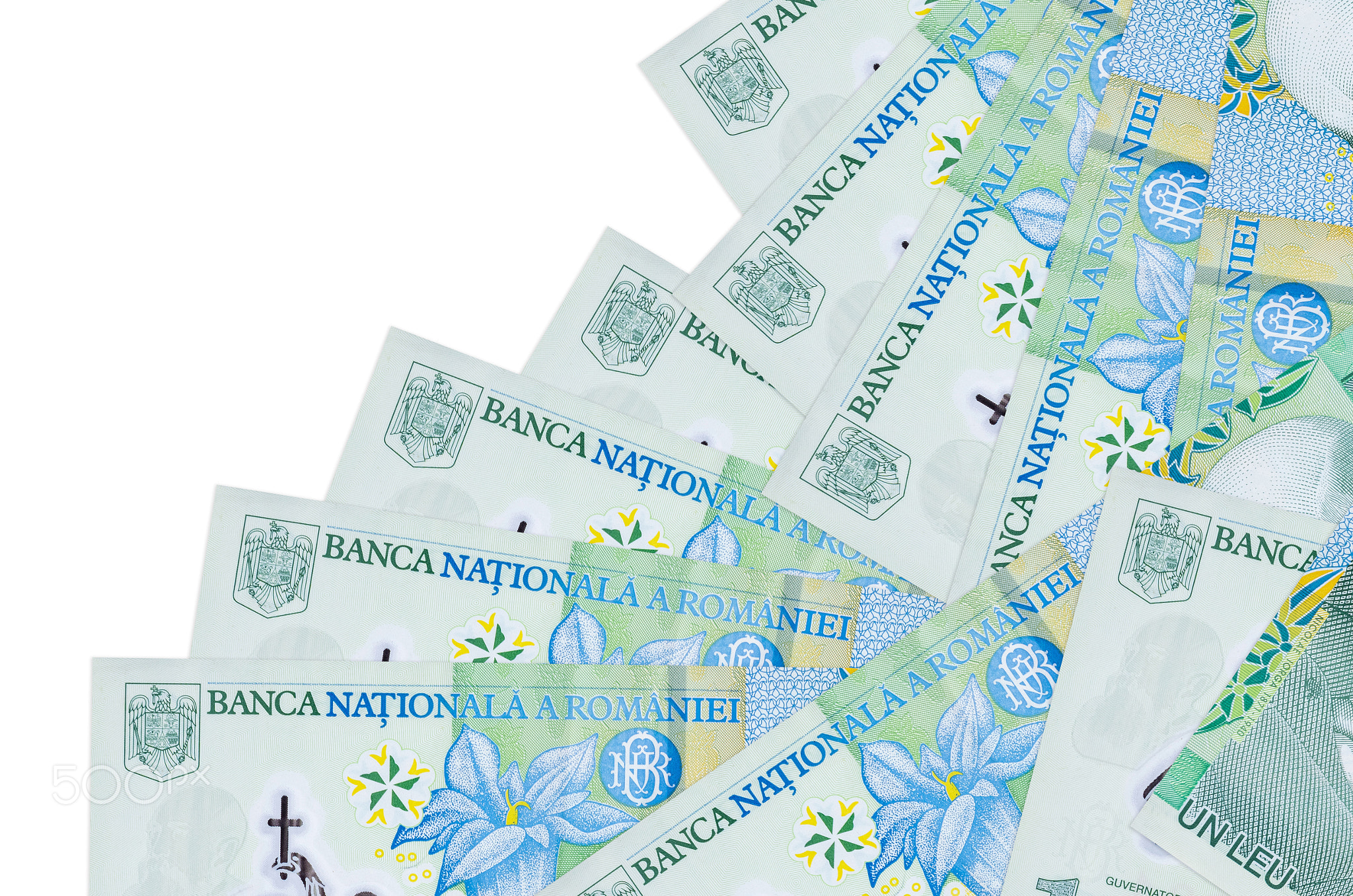 1 Romanian leu bills lies in different order isolated on white. Local banking or money making