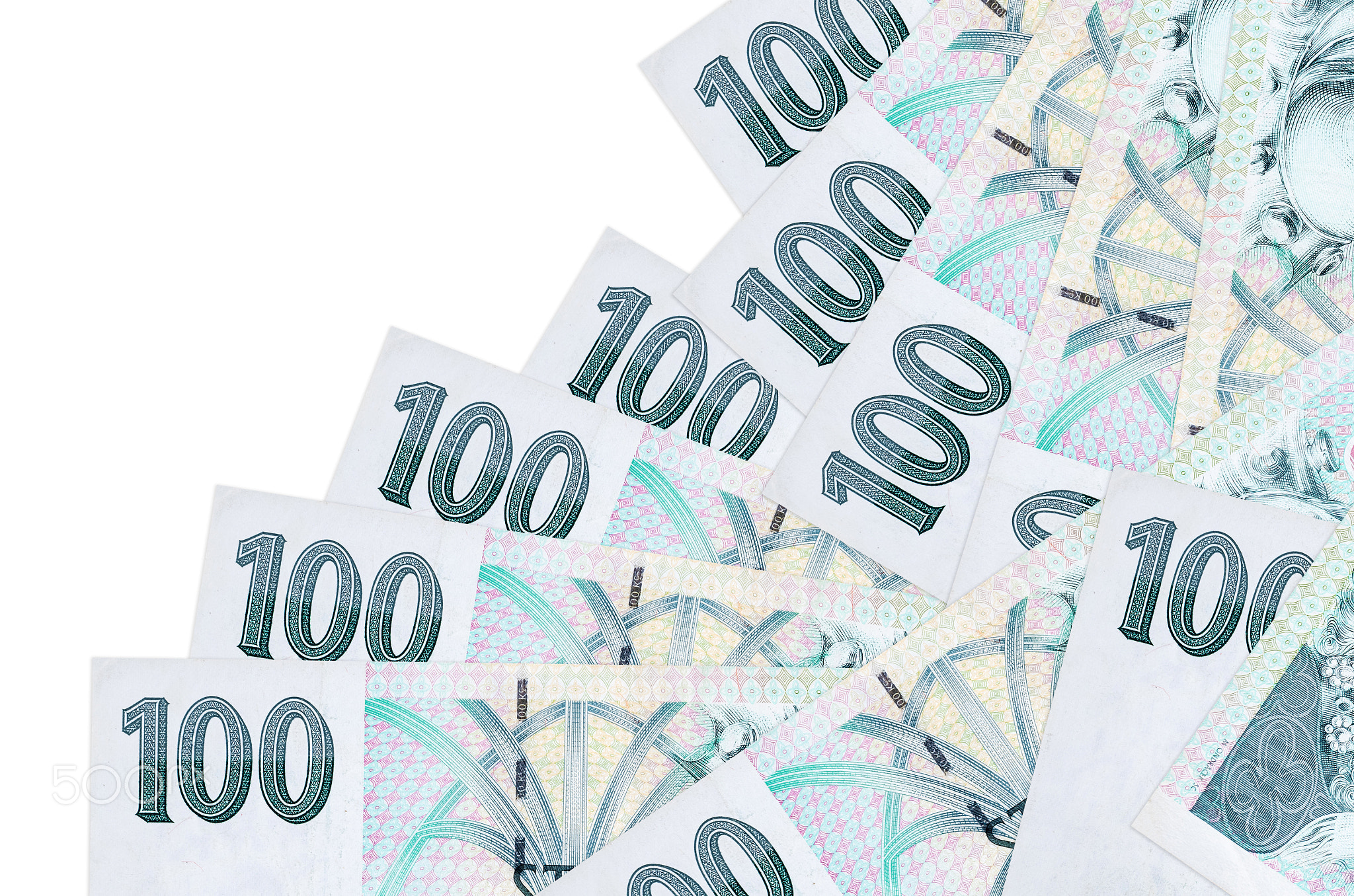 100 Czech korun bills lies in different order isolated on white. Local banking or money making