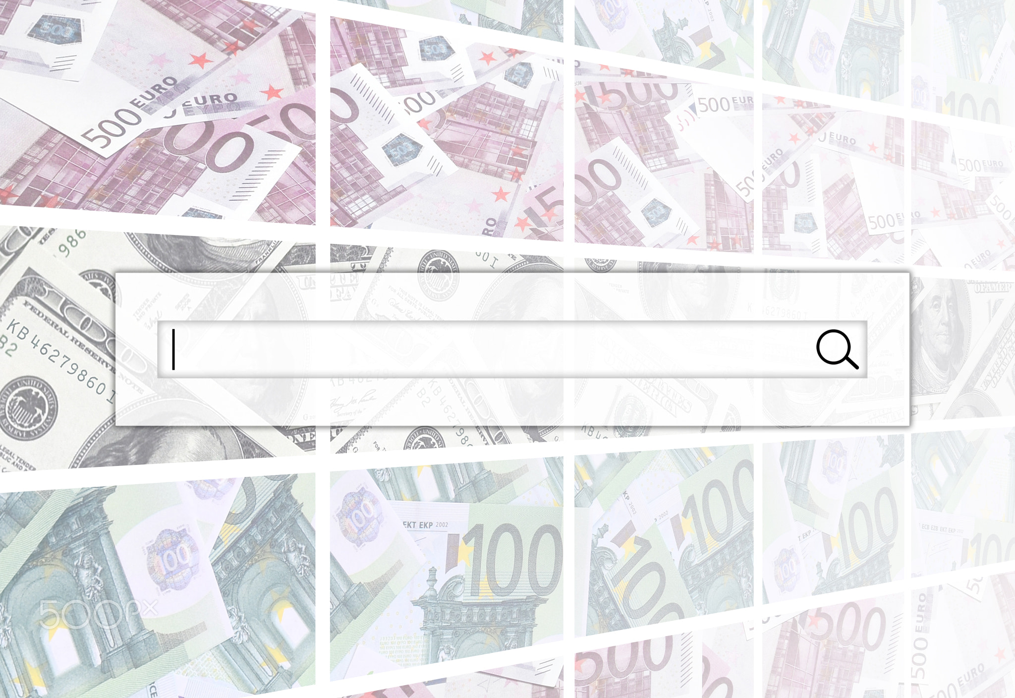 The search string is located on top of collage of many images of euro banknotes in denominations of