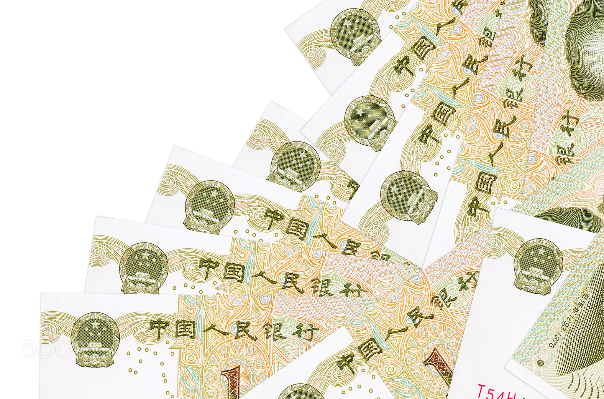 1 Chinese yuan bills lies in different order isolated on white. Local banking or money making