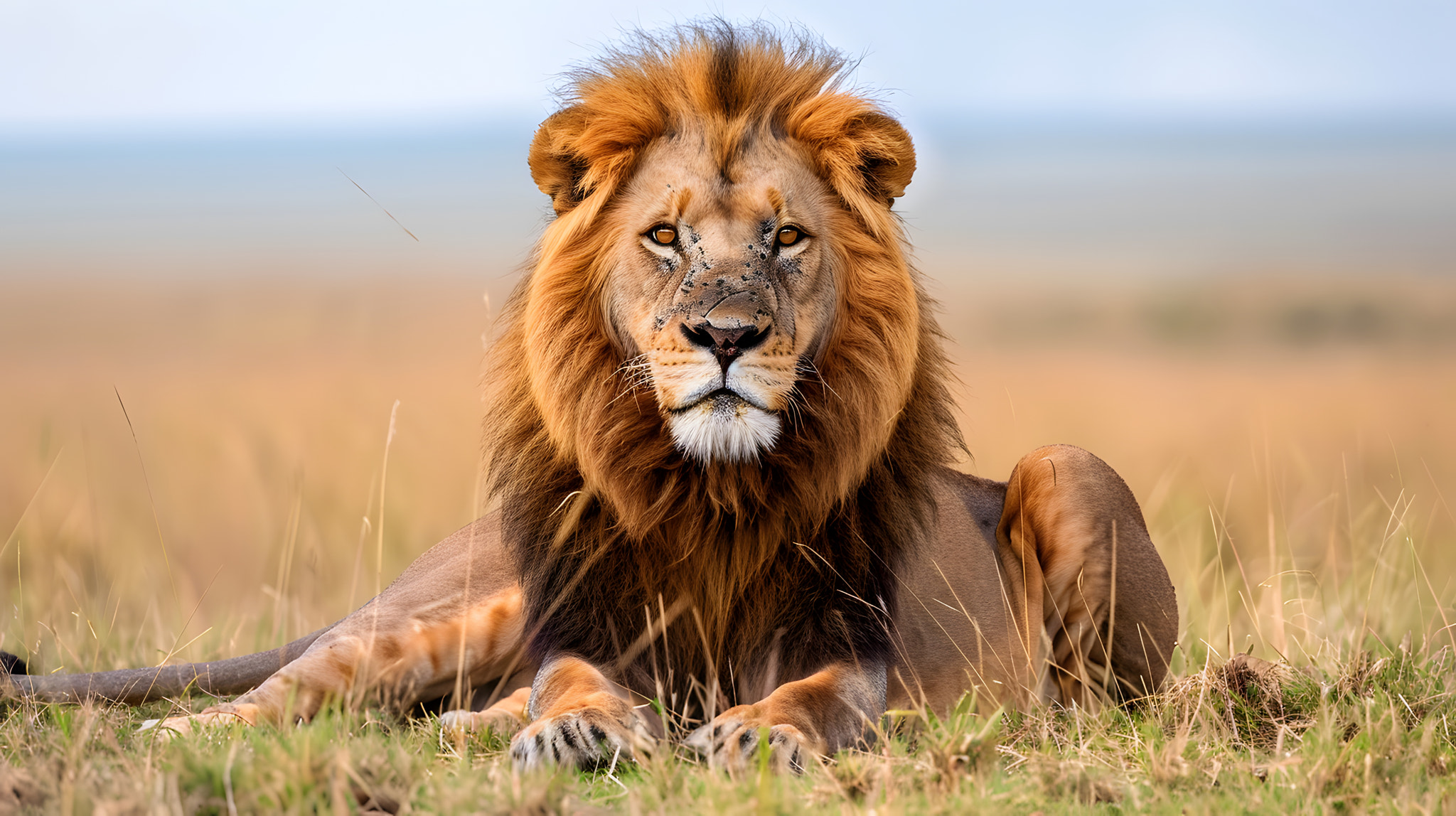 there is a lion that is laying down in the grass