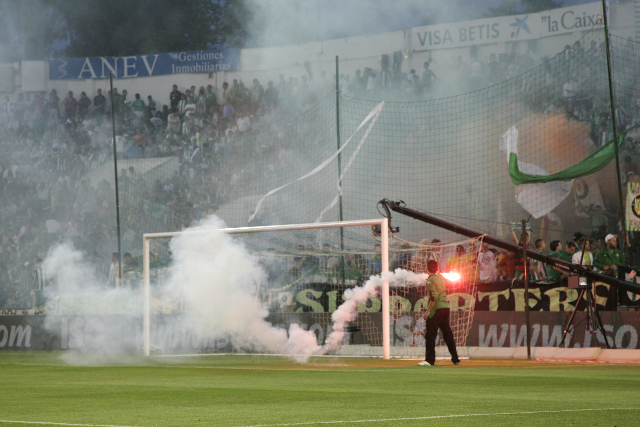 Real Betis fans firing flares. Taken during the local derby between Real Betis Balompie and Sevilla