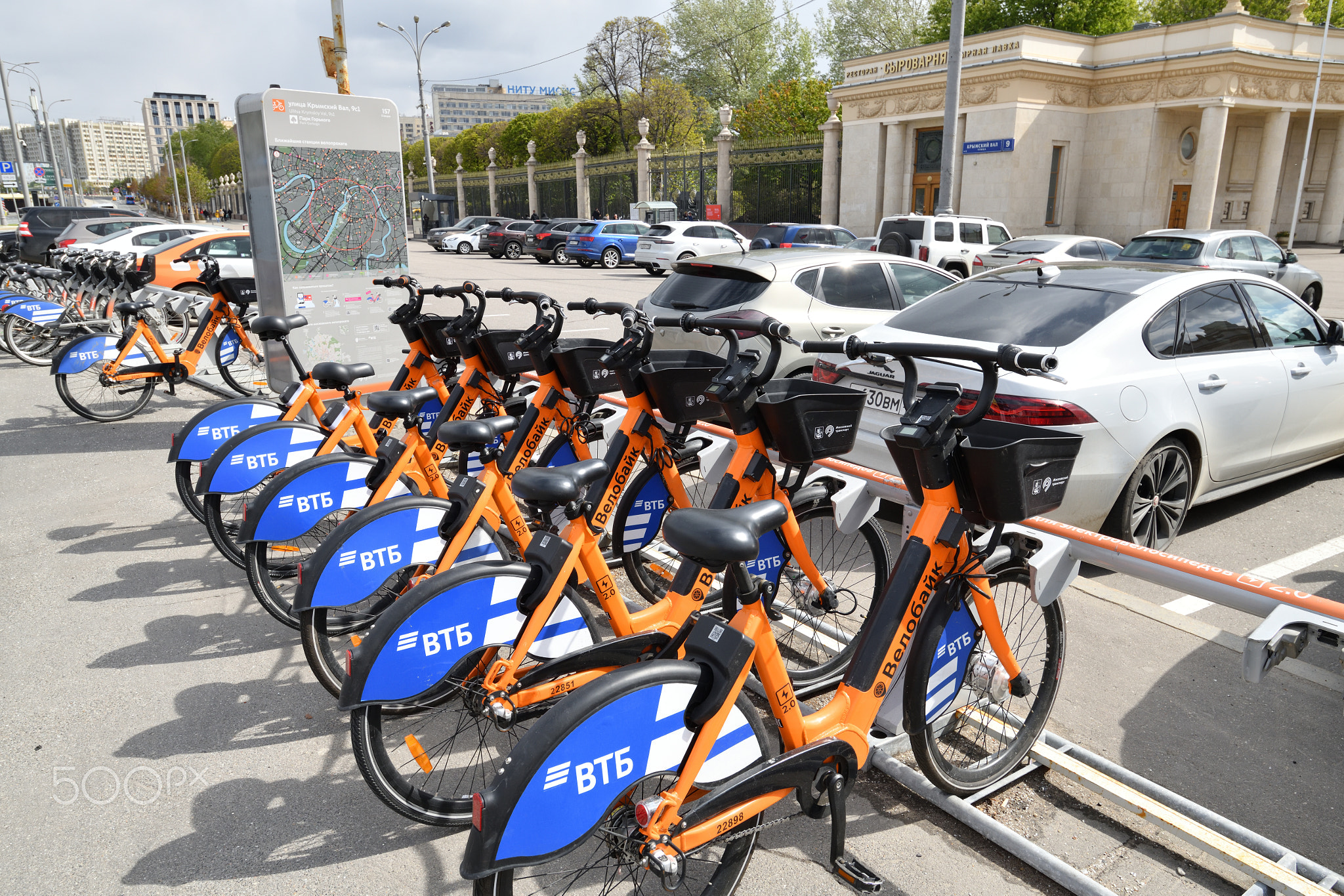 Moscow, Russia - May 9. 2024. Velobike - city bike rental with VTB Bank logo on the Garden Ring