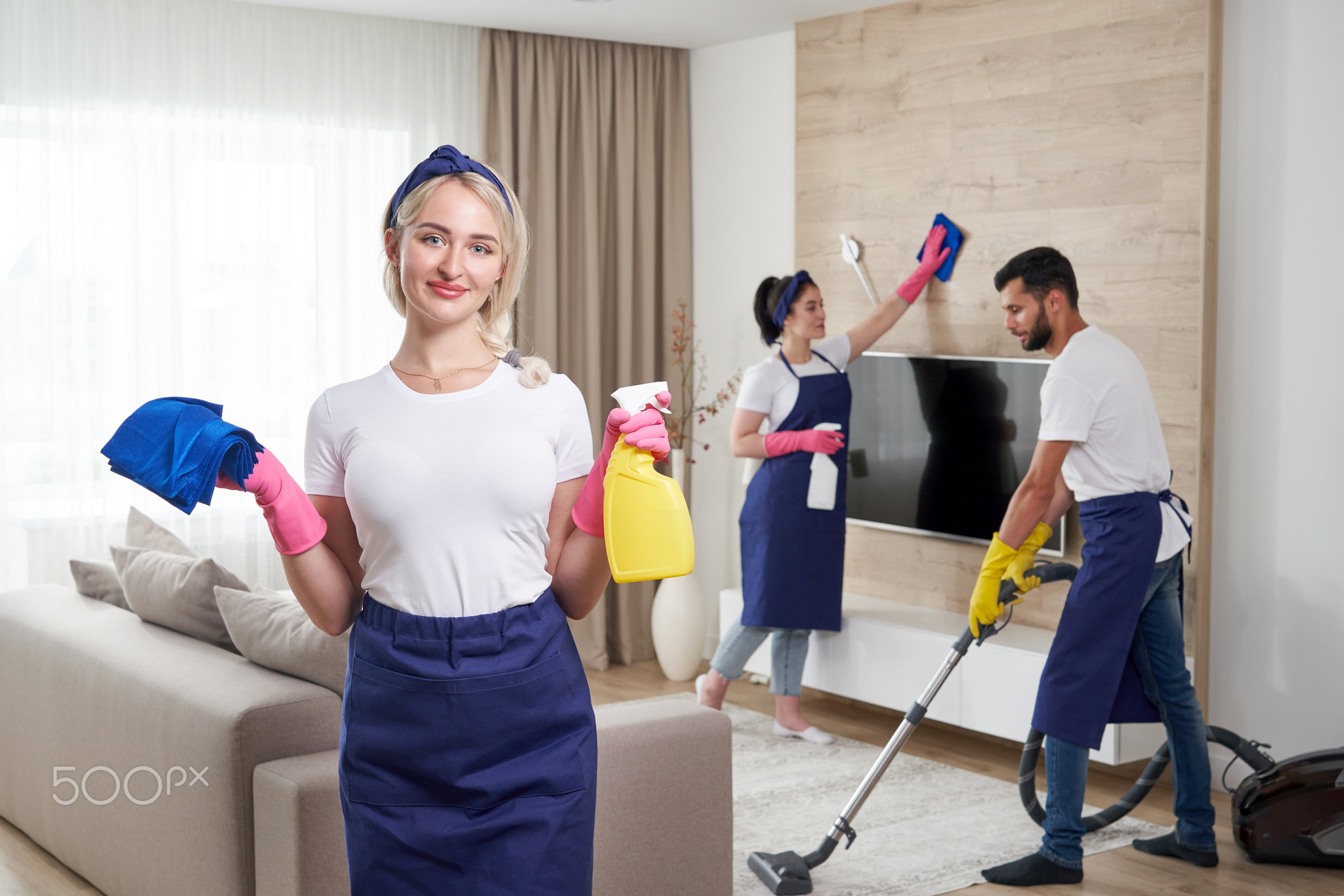 Professional cleaning service team cleans living room in modern