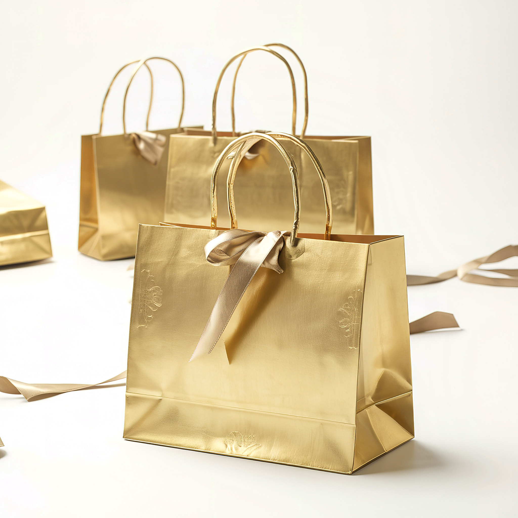 Golden paper shopping bags isolated on white background, Woman love online shopping Concept