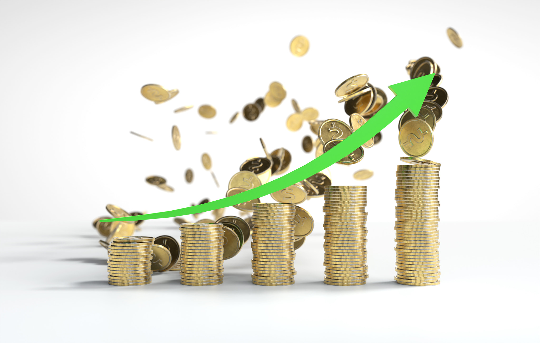 The green arrow is going up the Stacks of coins arranged in a bar graph, Finance and business concep