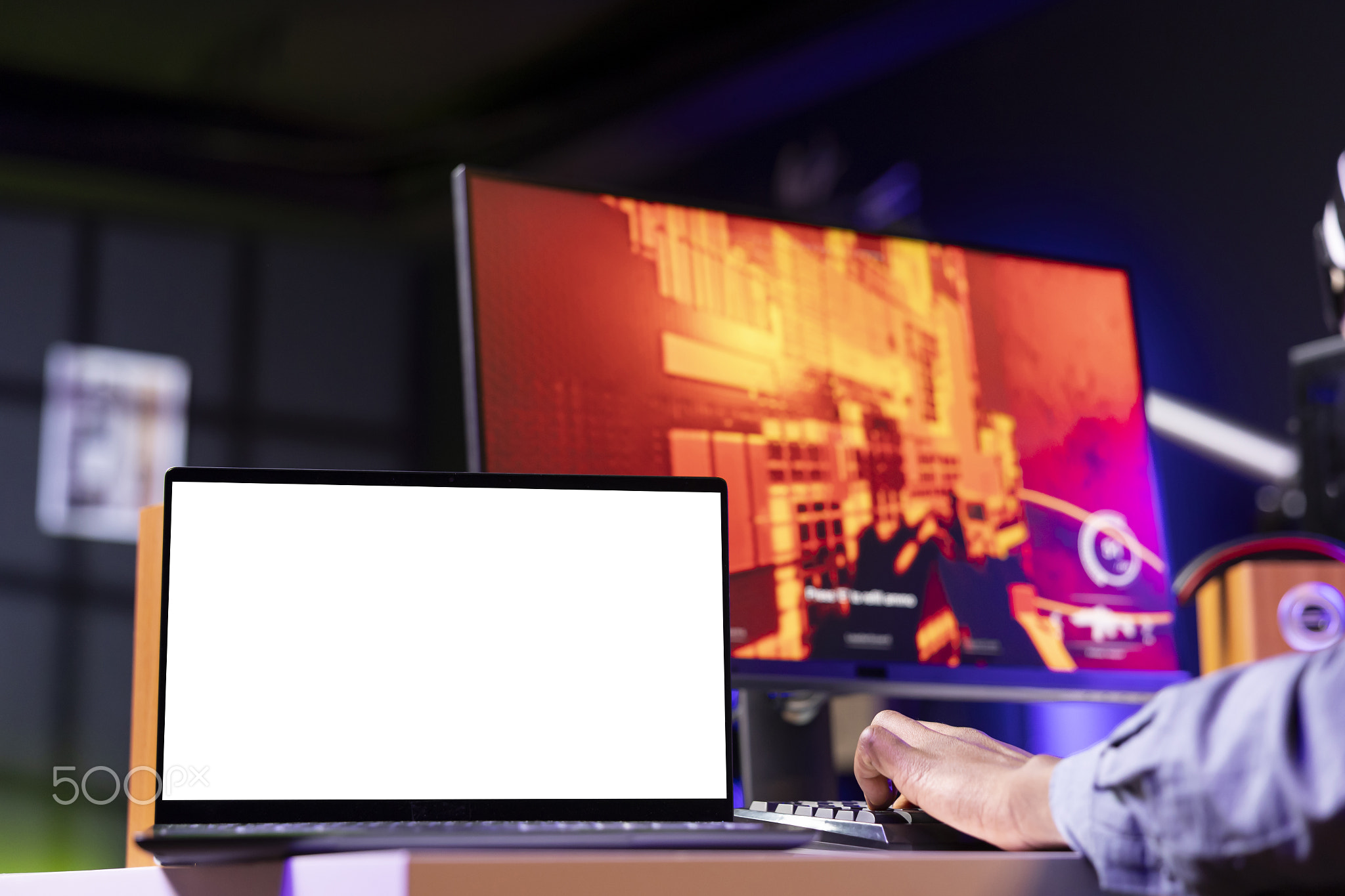 Isolated screen notebook near person gaming on computer desktop at