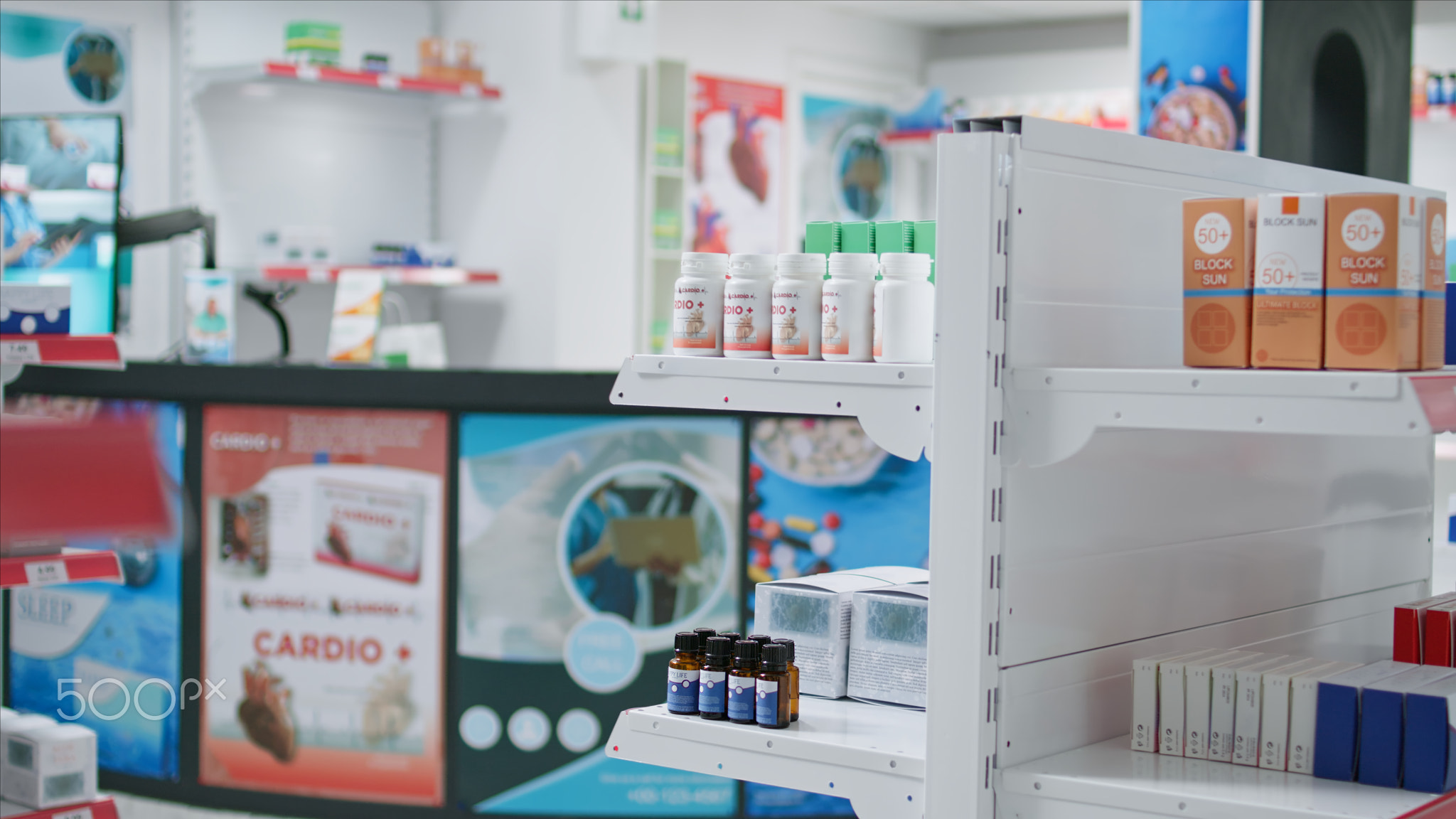 Empty pharmacy with shelves full of pills and pharmaceutics