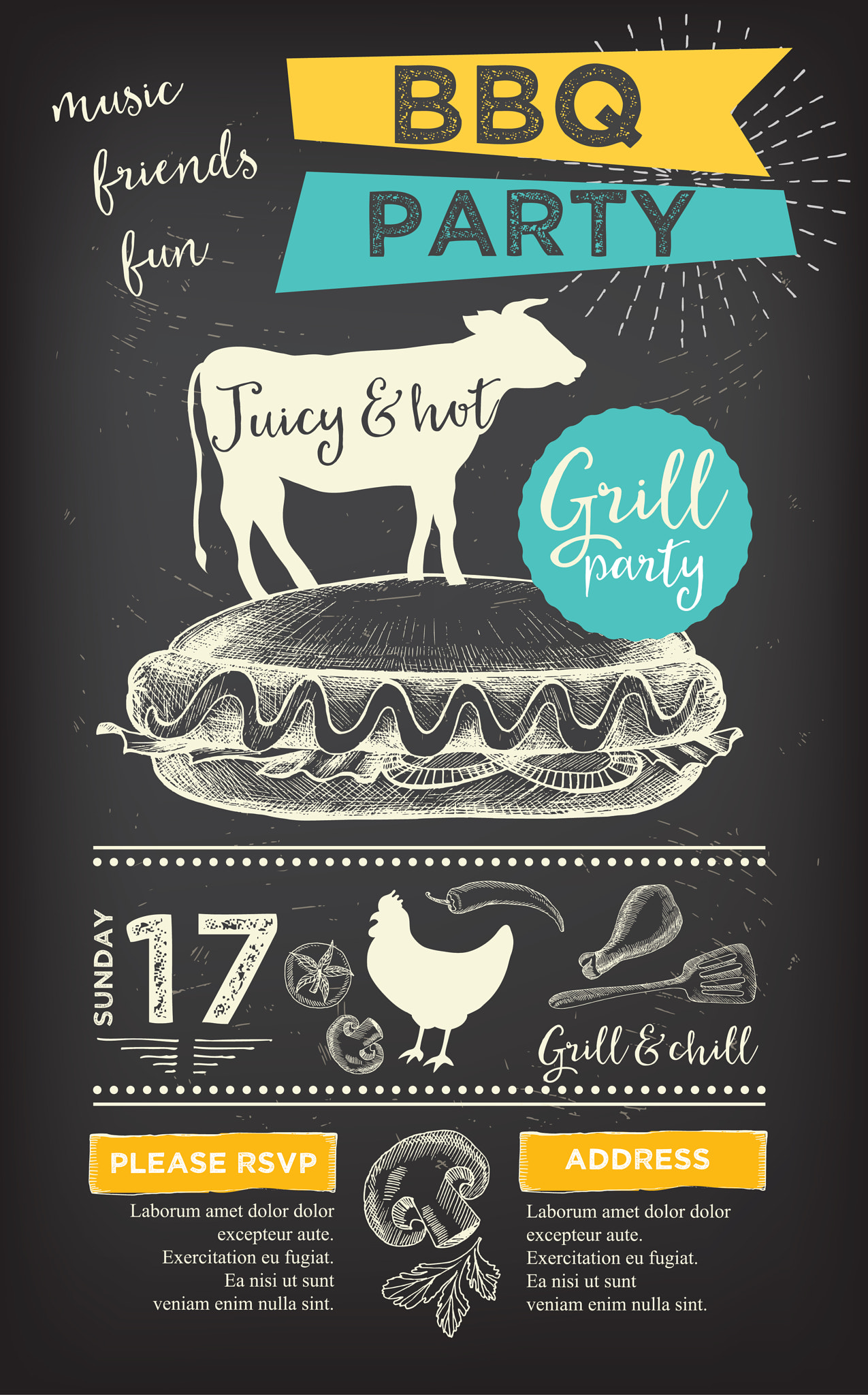 Barbecue party invitation. BBQ template menu design. Food flyer.