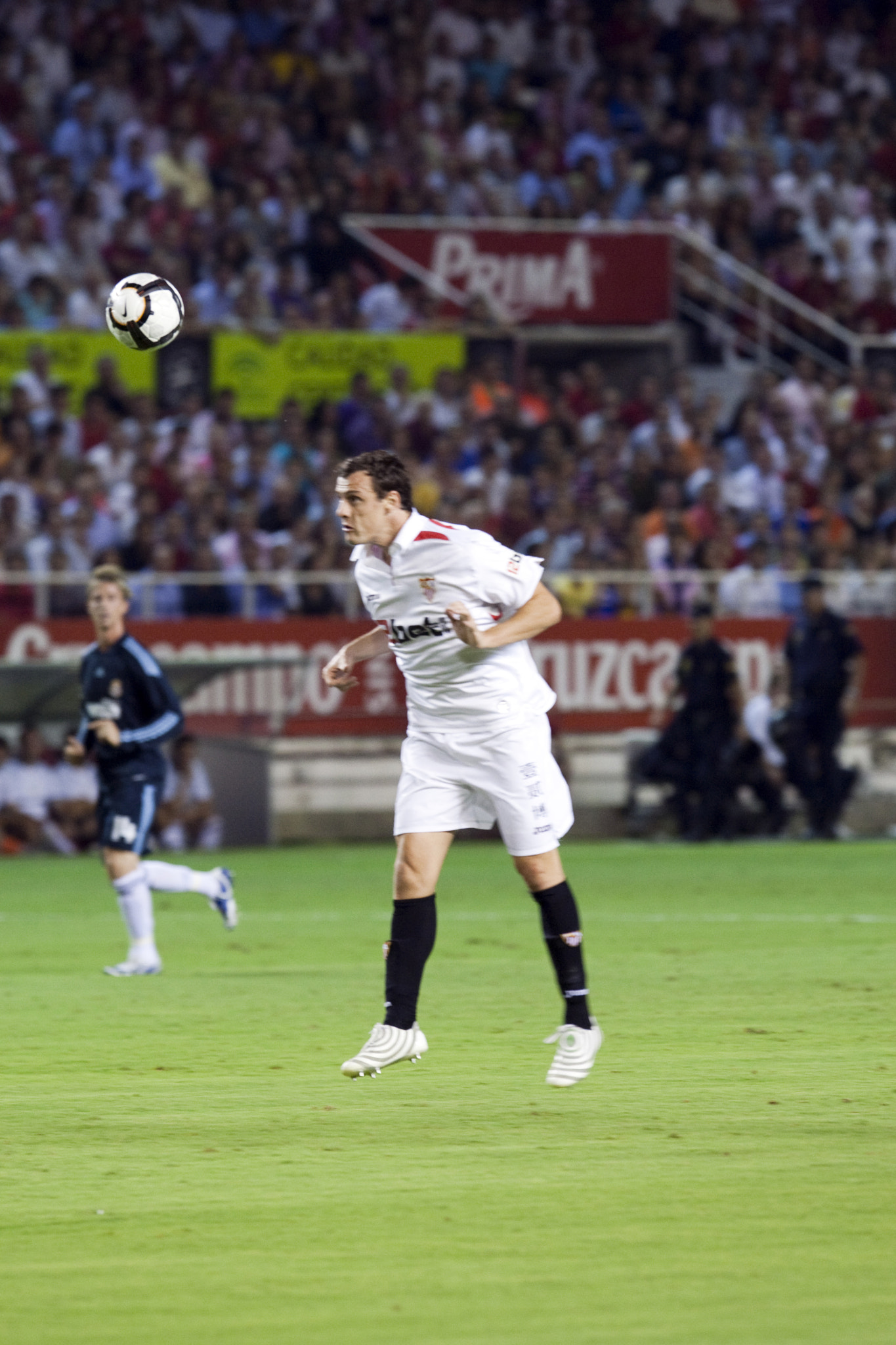 Sebastien Squillaci heading the ball. Spanish League game between Sevilla FC and Real Madrid, Sanche