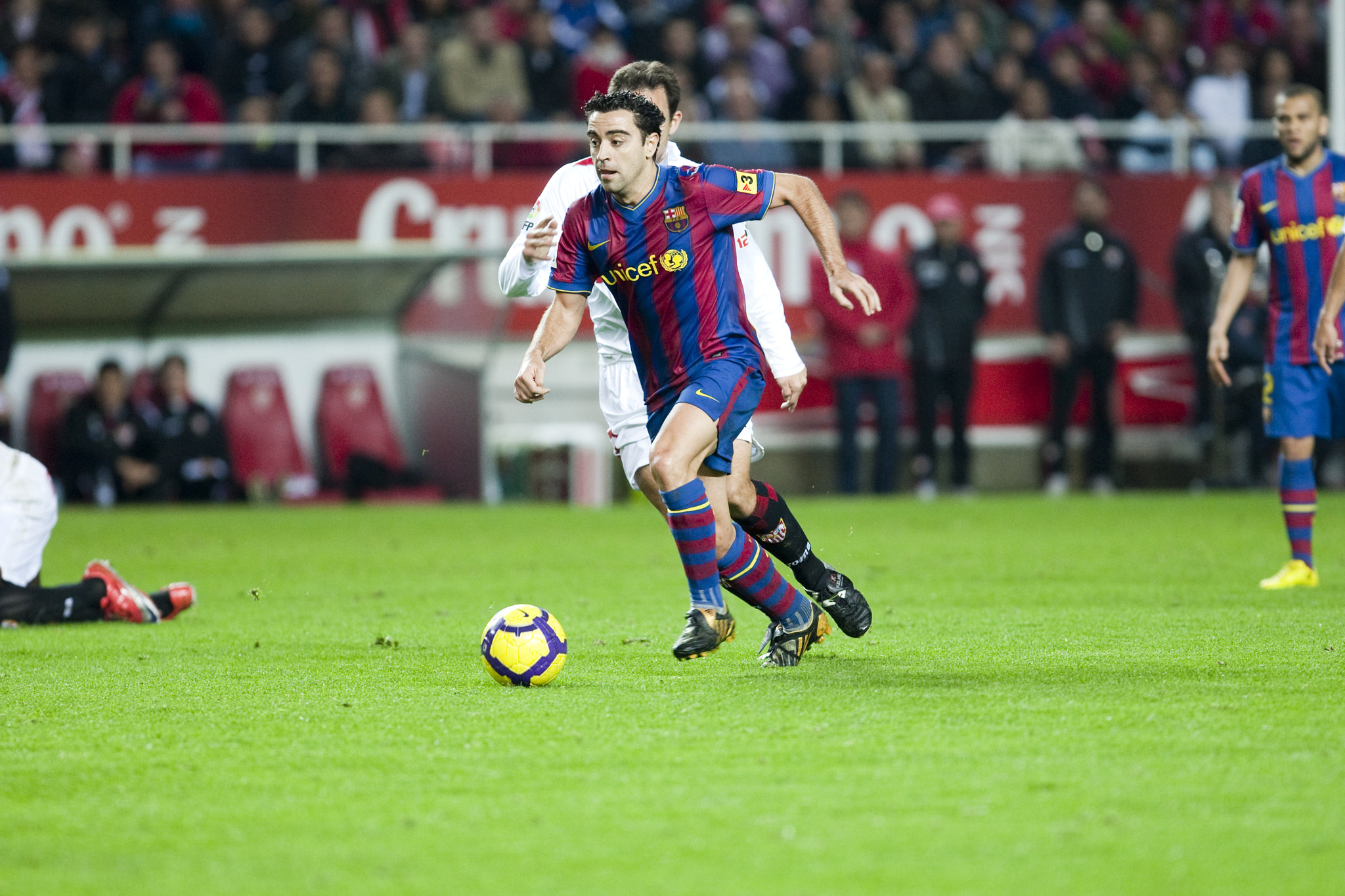 Xavi with the ball. Spanish Cup game between Sevilla FC and FC Barcelona, Ramon Sanchez Pizjuan stad