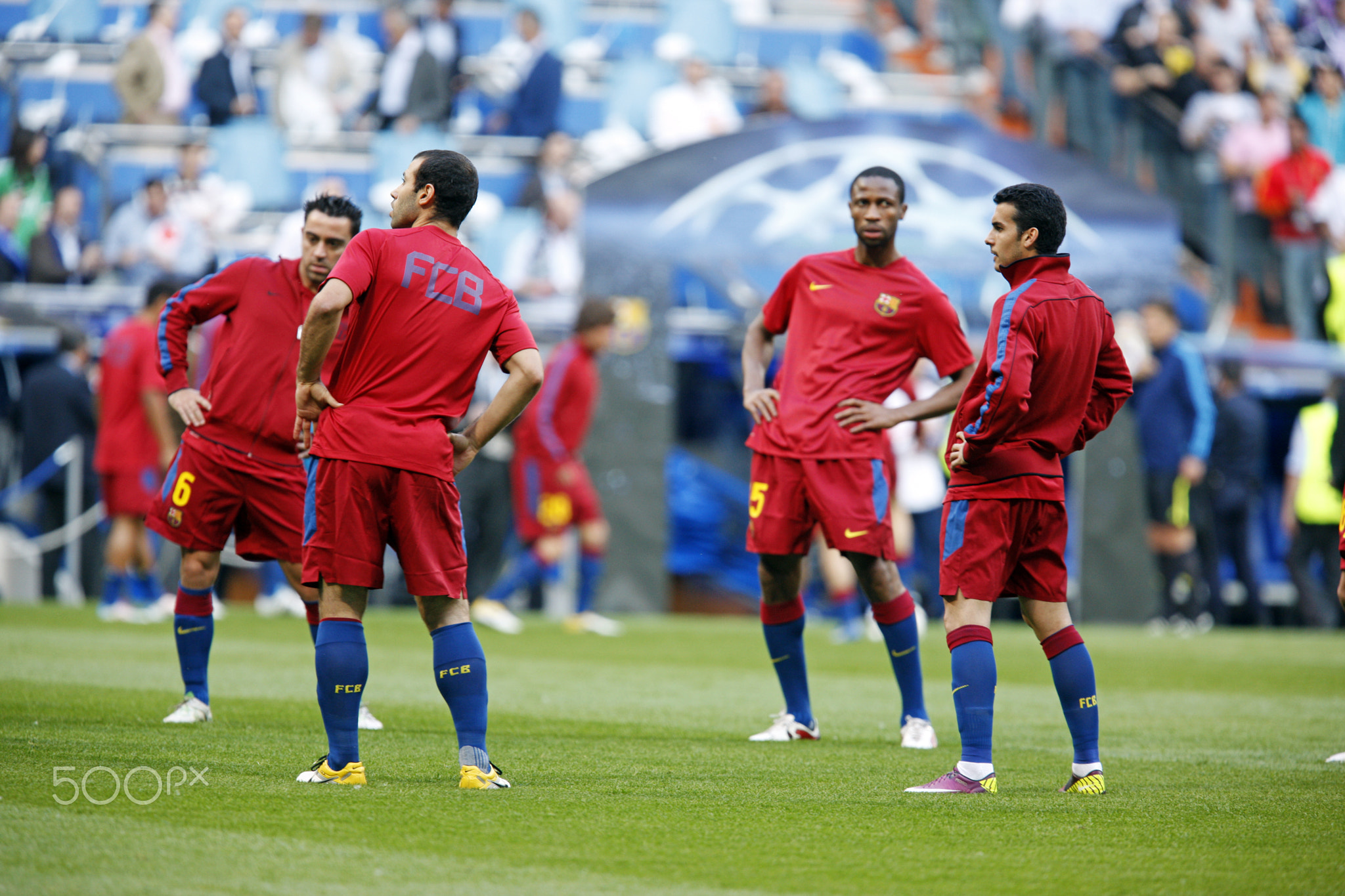 Xavi, Mascherano, Keita and Pedro (left to right) warming up before the UEFA Champions League Semifi