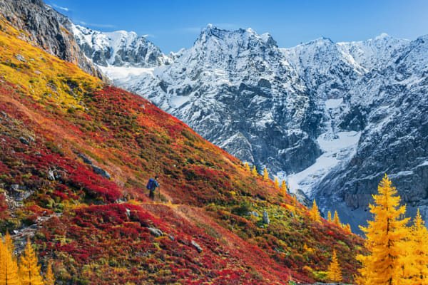 Lush fall foliage colors of alpine meadows against mountains covered with fresh snow. by Marina Poushkina on 500px.com