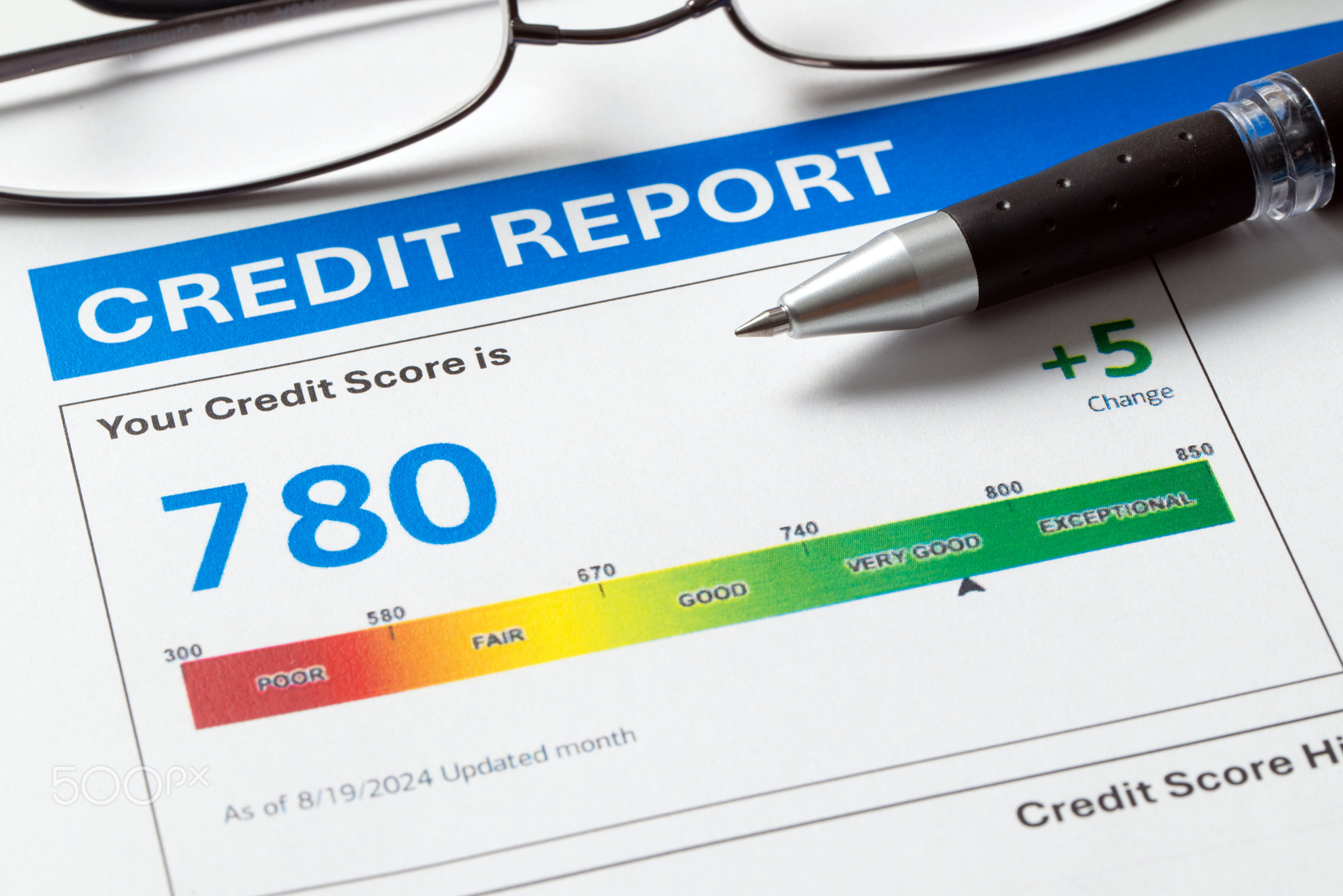 Credit score report sheet with pen and eye glasses