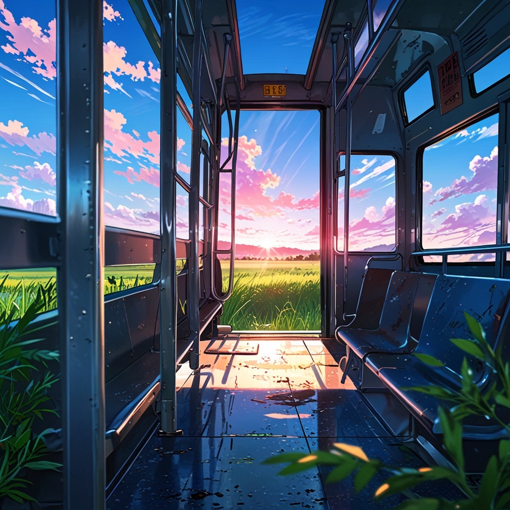 Drawing anime image beautiful view from inside a bus stop