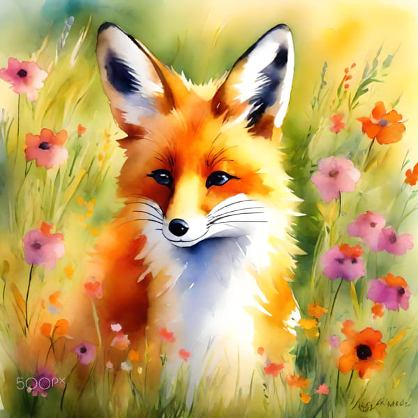 Enchanting Watercolor Fox in Blooming Garden - Artistic Wildlife Painting for Nature Lovers by Sayed Sajjad Hussain Musavi on 500px.com