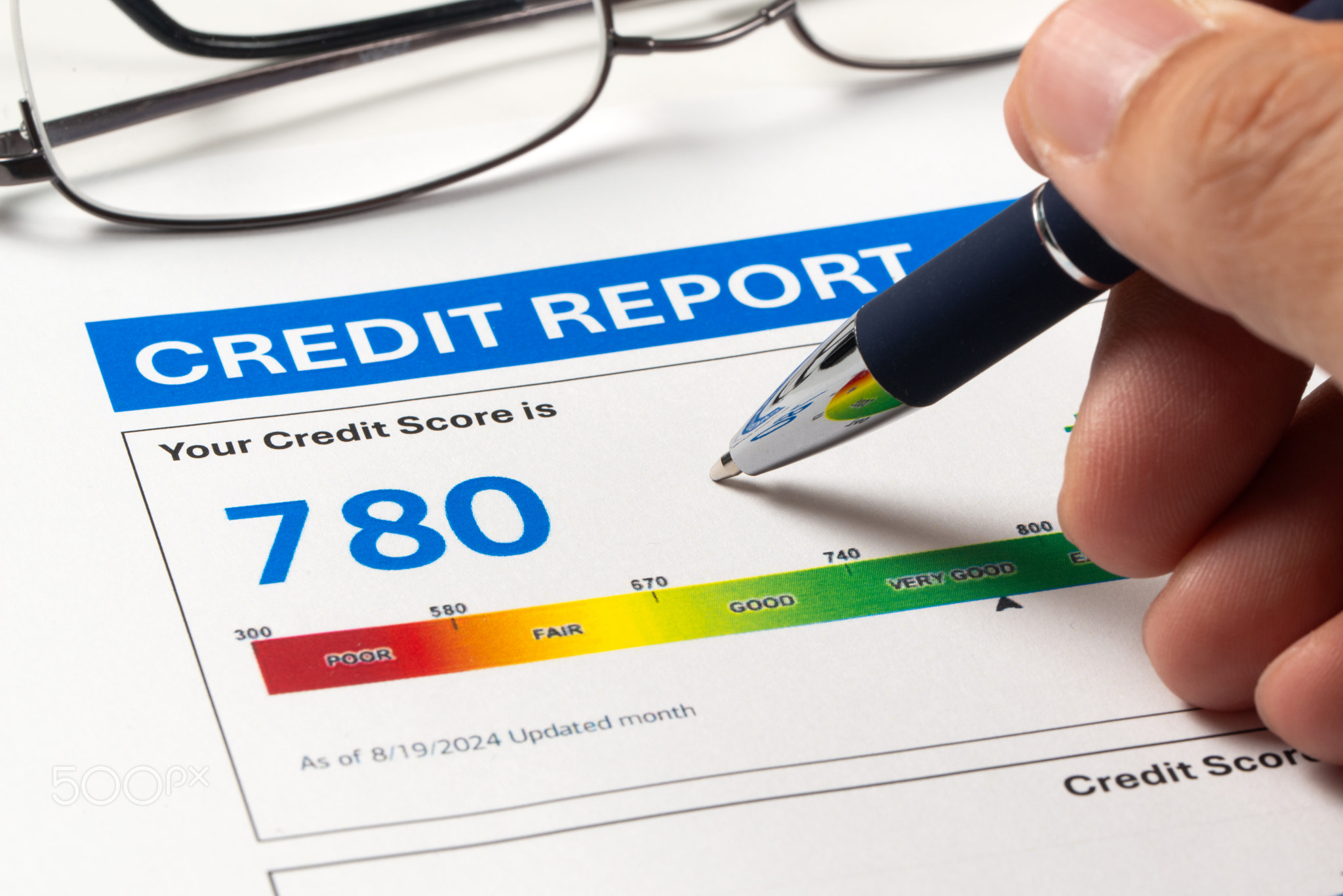 Credit score report sheet with pen and eye glasses