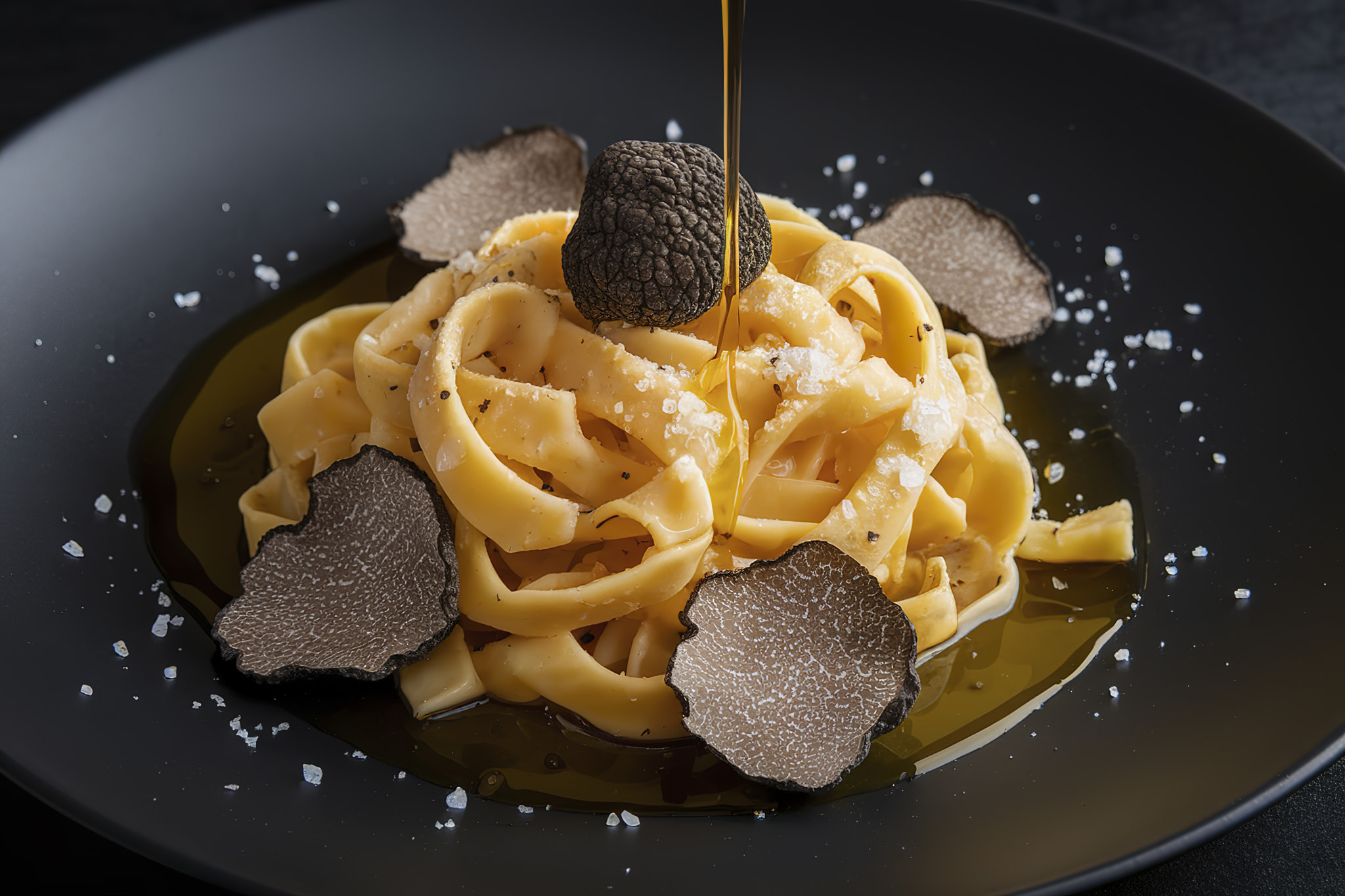 A photo of a plate with homemade egg pasta served with truffles