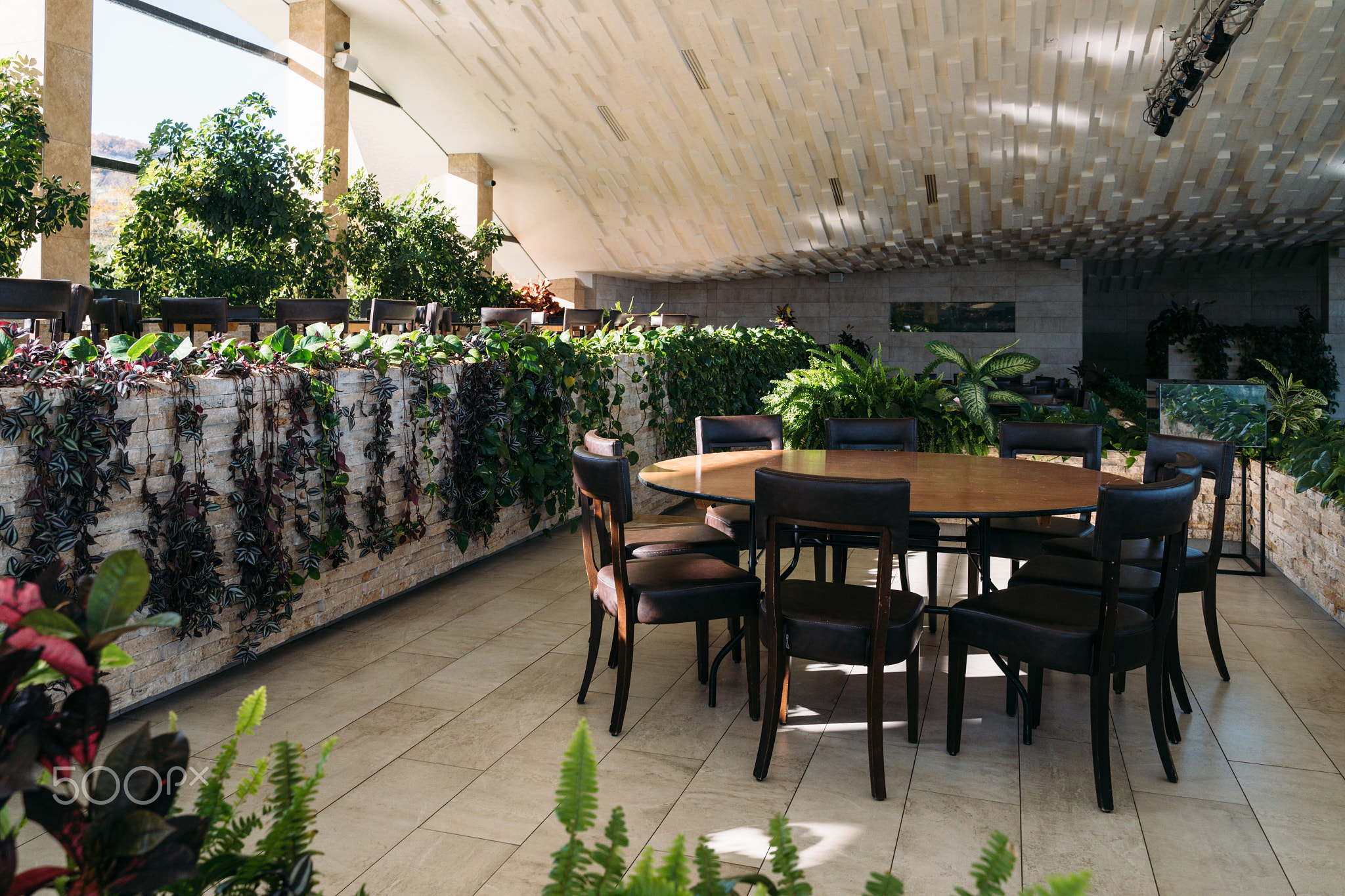 Cozy dining area surrounded by lush plants in a modern interior space showcasing natural elegance