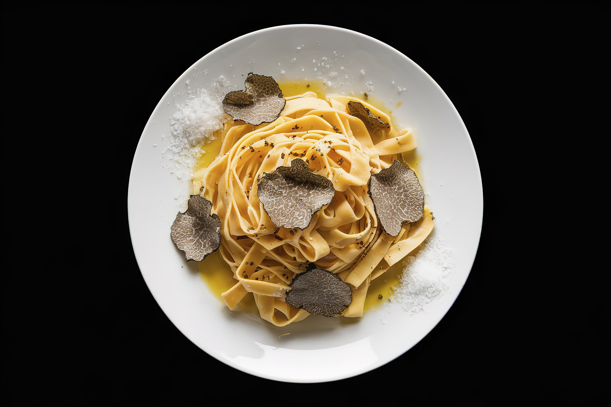 A photo of a plate with homemade egg pasta served with truffles