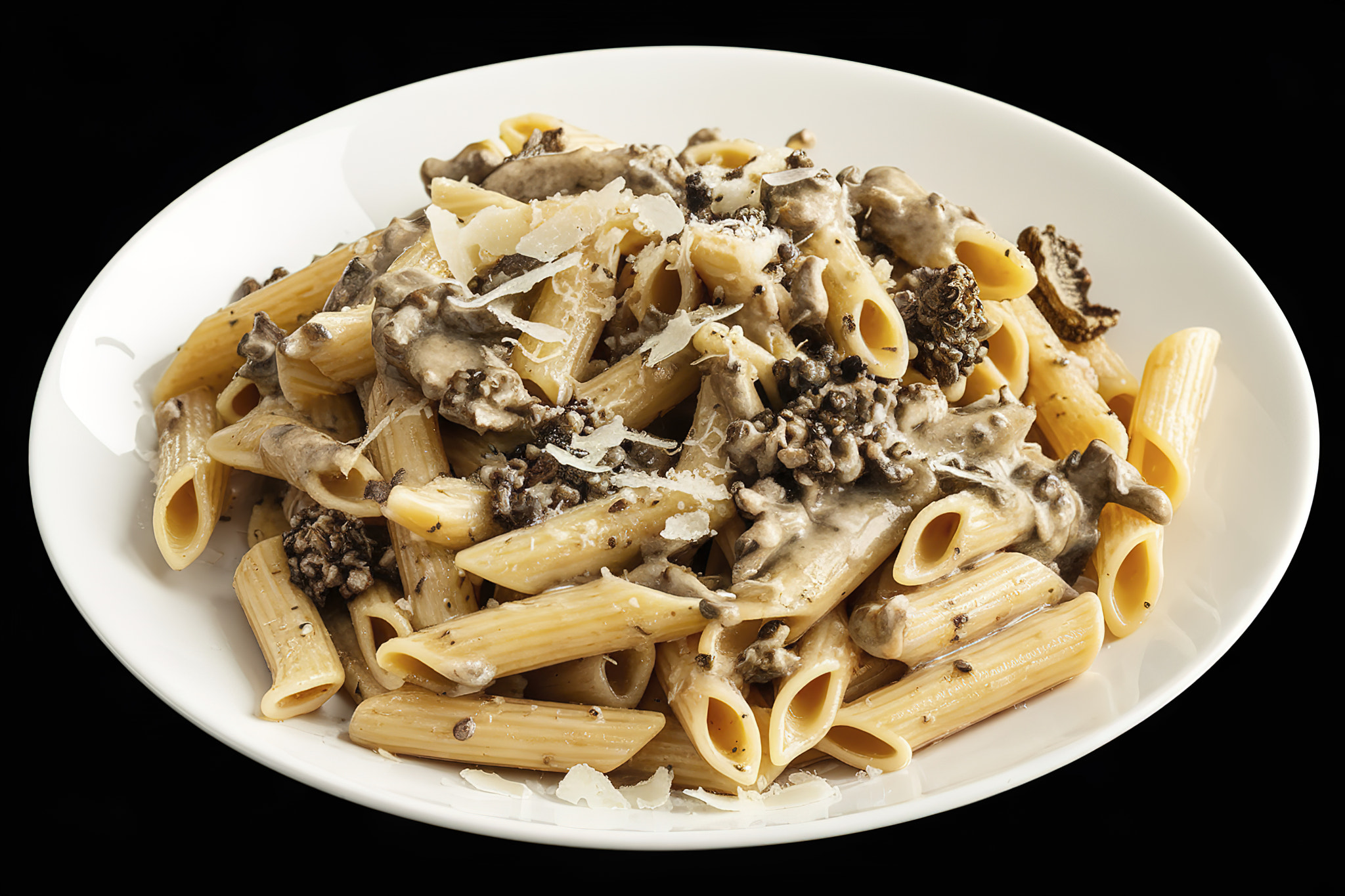 A plate of pasta penne, mixed with truffle sauce