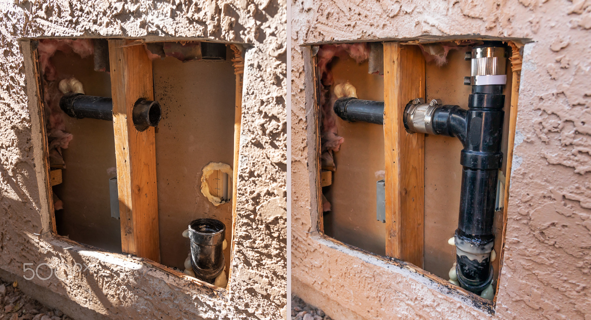 Before and After Plumbing Repair Service. Cut Out External Wall of