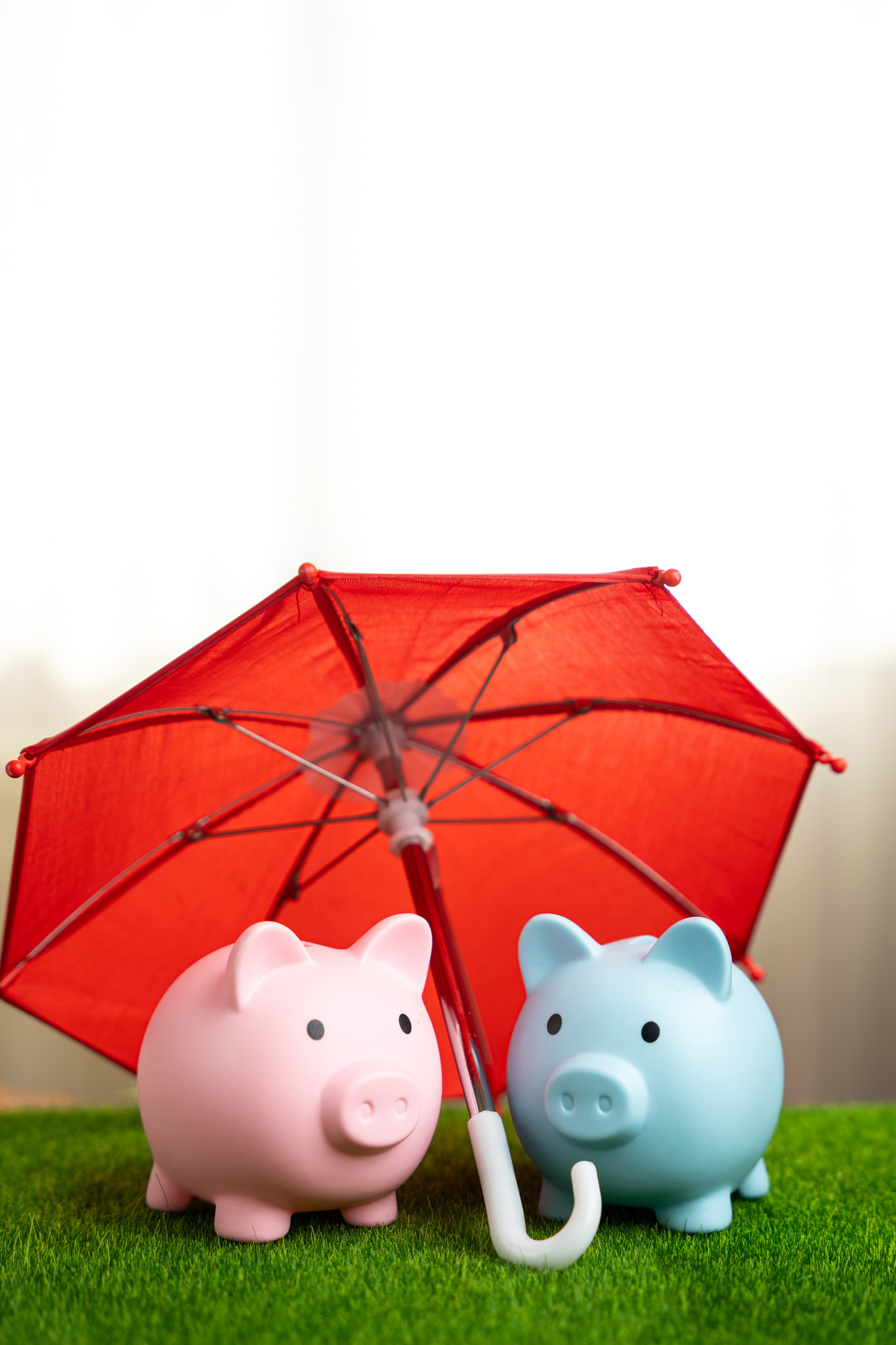 Two piggy banks of two genders under an umbrella. Concept of family insurance, finances and savings.