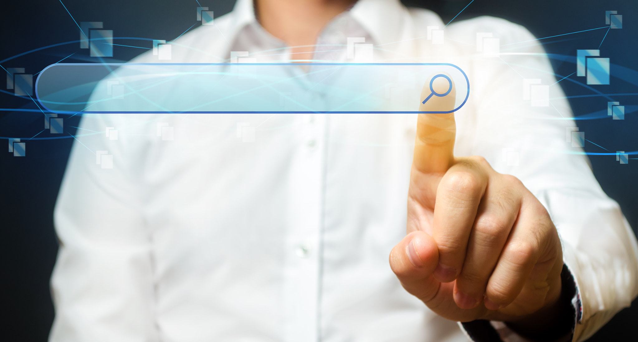 A man clicks on the button of the search bar. Search engine algorithms and methods. Use of the Inter