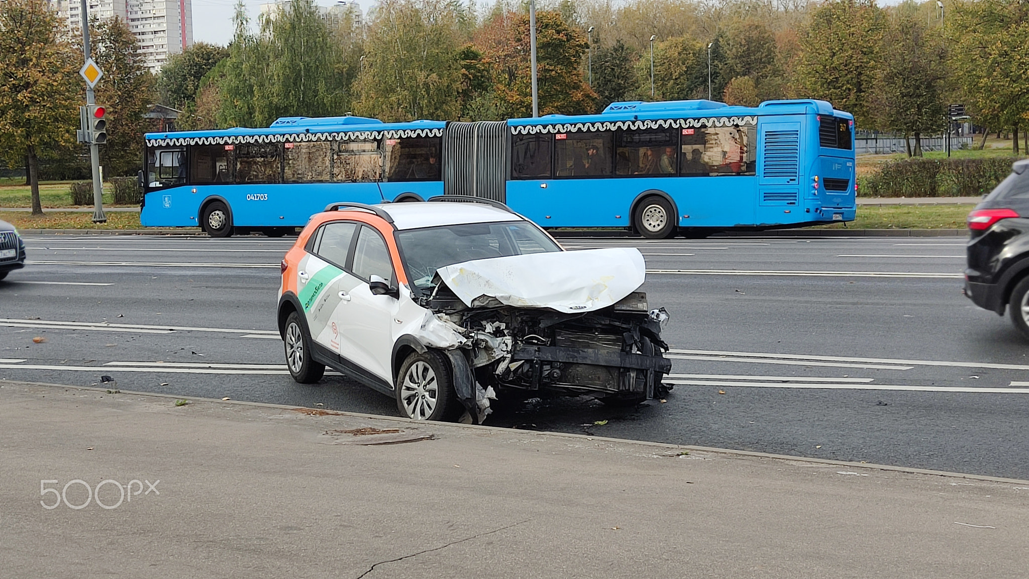 MOSCOW, RUSSIA - October 4, 2023: car accident involving a carsharing machine