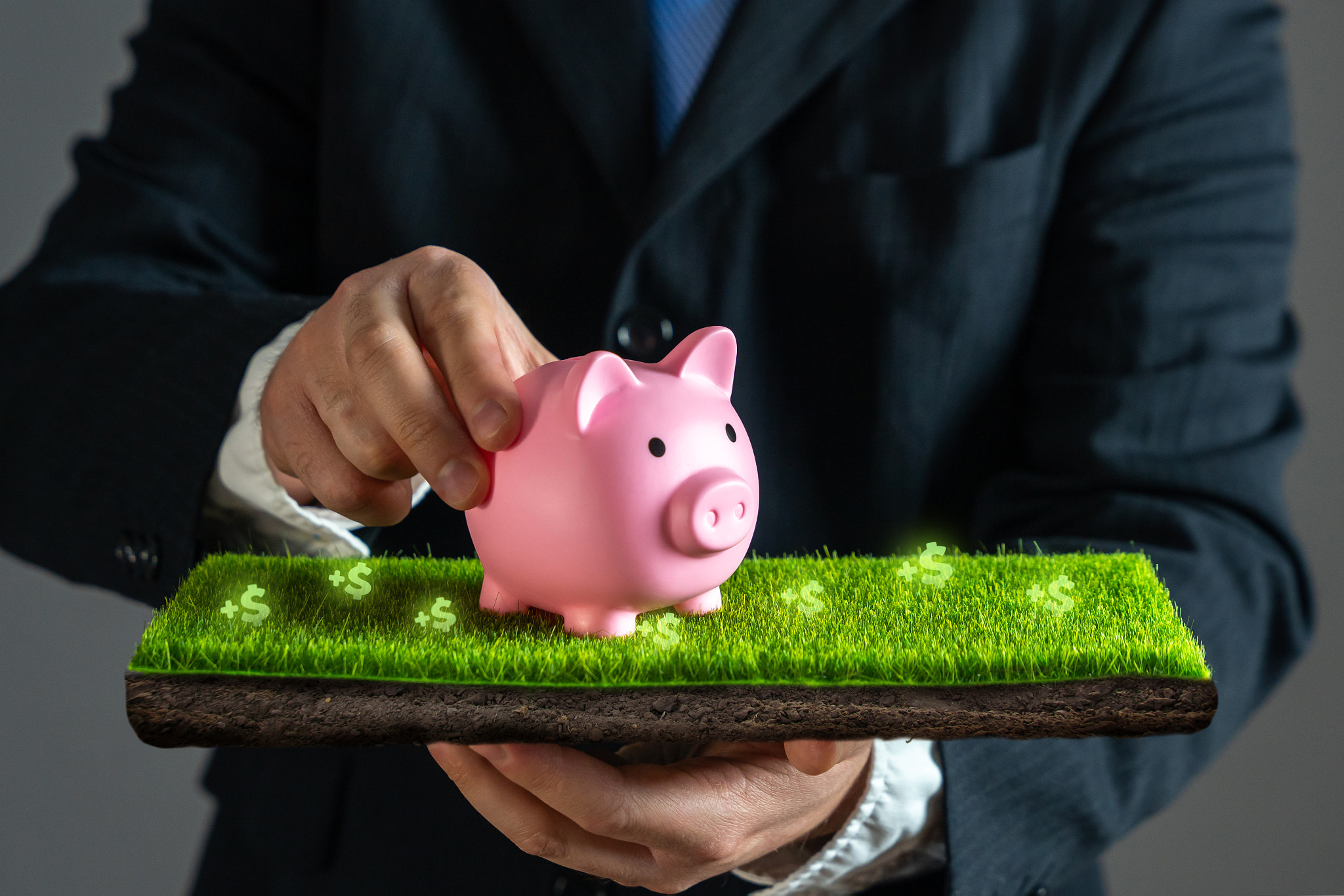 Businessman walks piggy bank on fertile soil. Concept of good conditions of deposits and investments