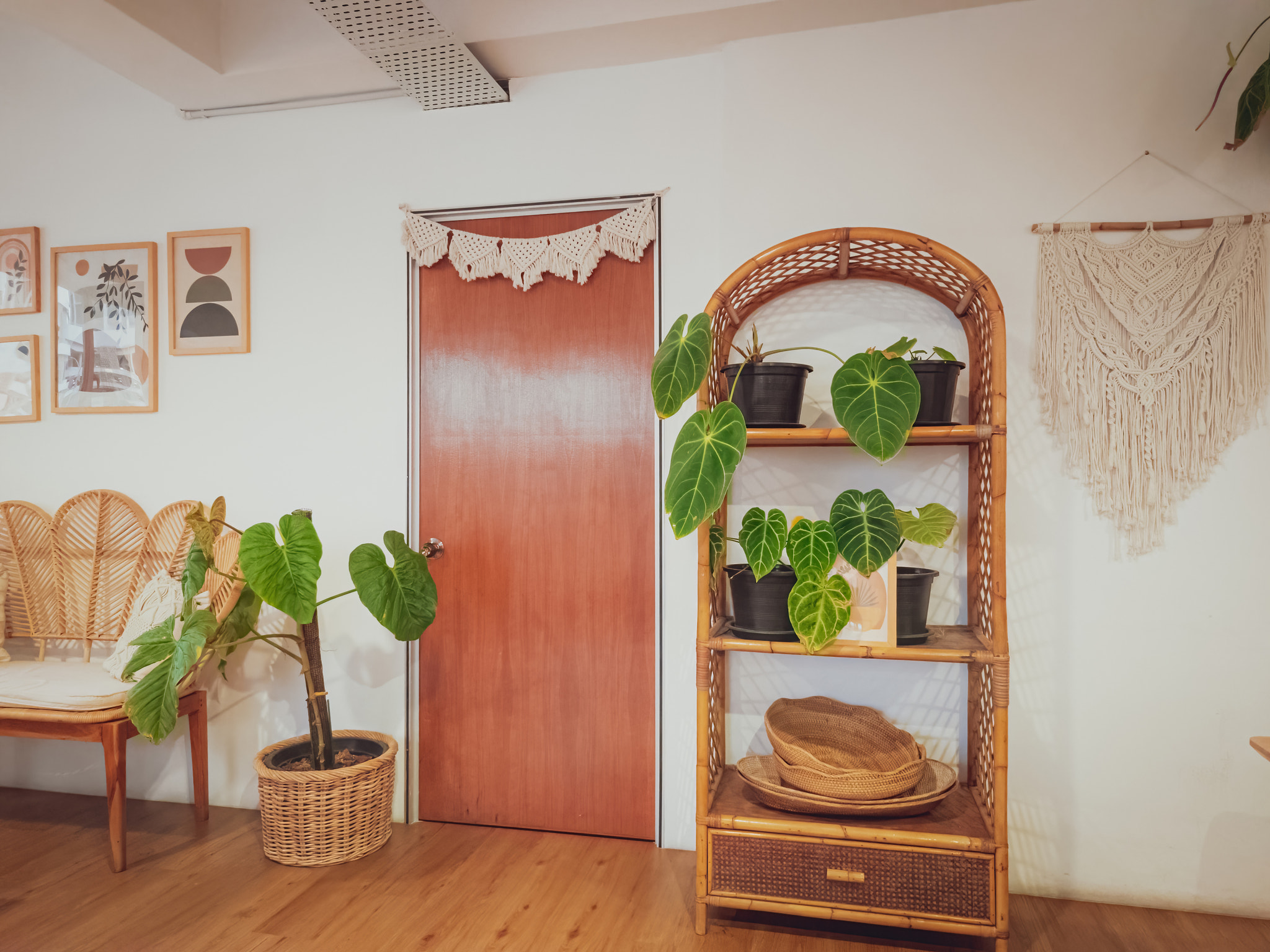 Bangi, Malaysia - Sep 19, 2022 - The caravan cafe's interior in natural boho with plants.