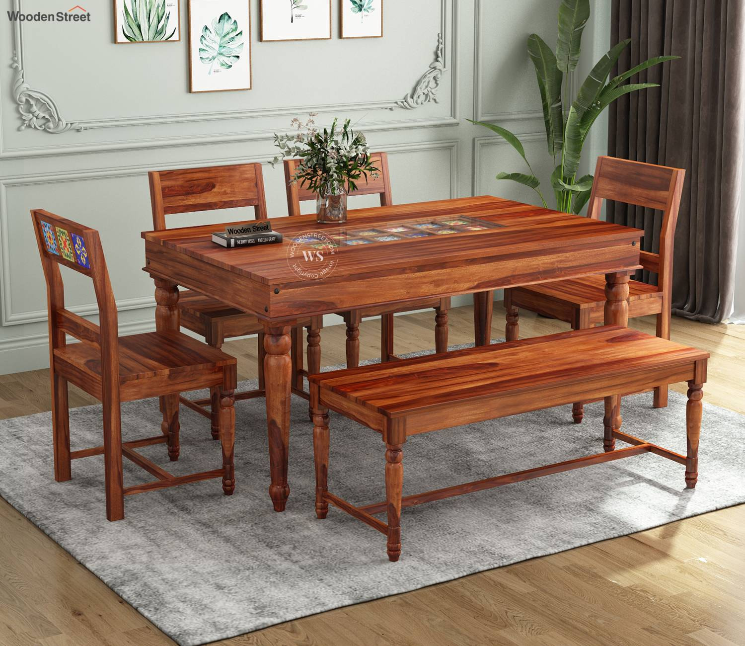 Boho-Inspired 6 Seater Dining Set - Honey Finish with Bench