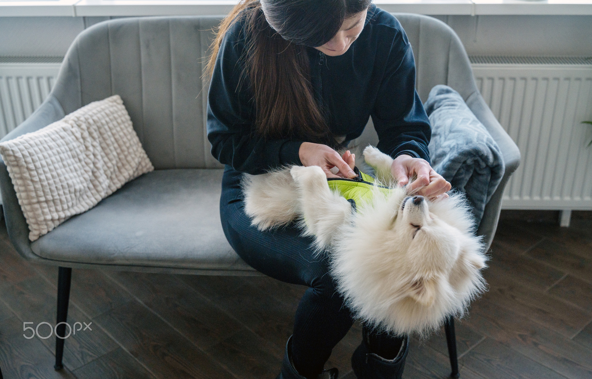 The girl is sitting on the sofa and dressing her dog