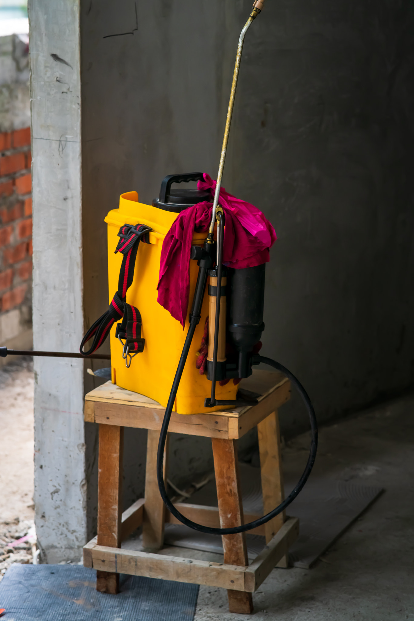 Coronavirus prevention, Disinfection service. Disinfectant canister with medical mask and protective