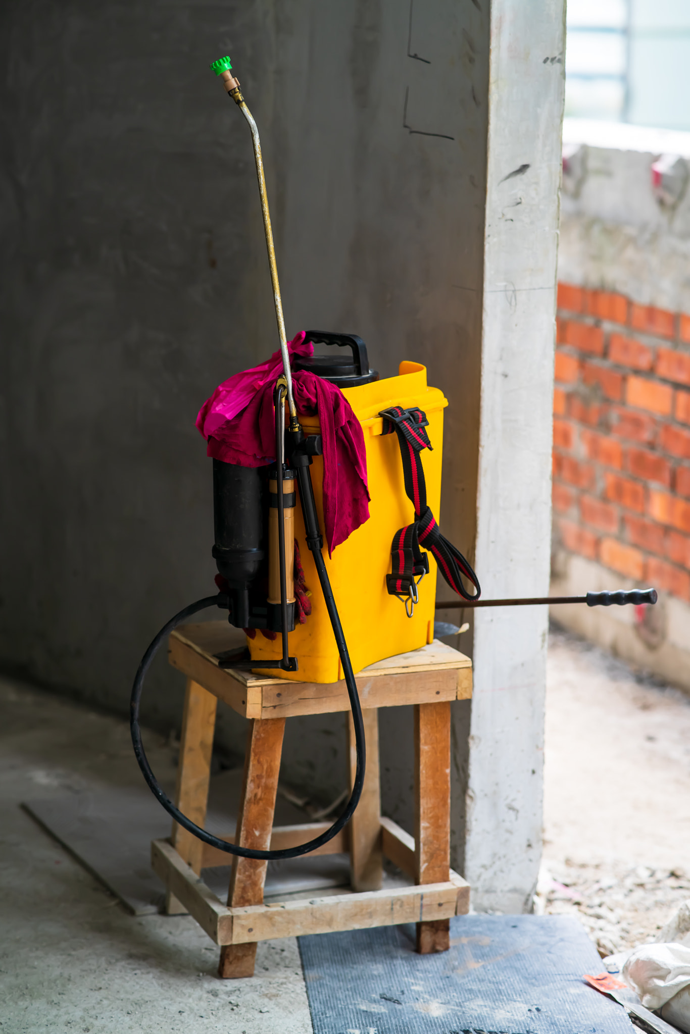 Coronavirus prevention, Disinfection service. Disinfectant canister with medical mask and protective