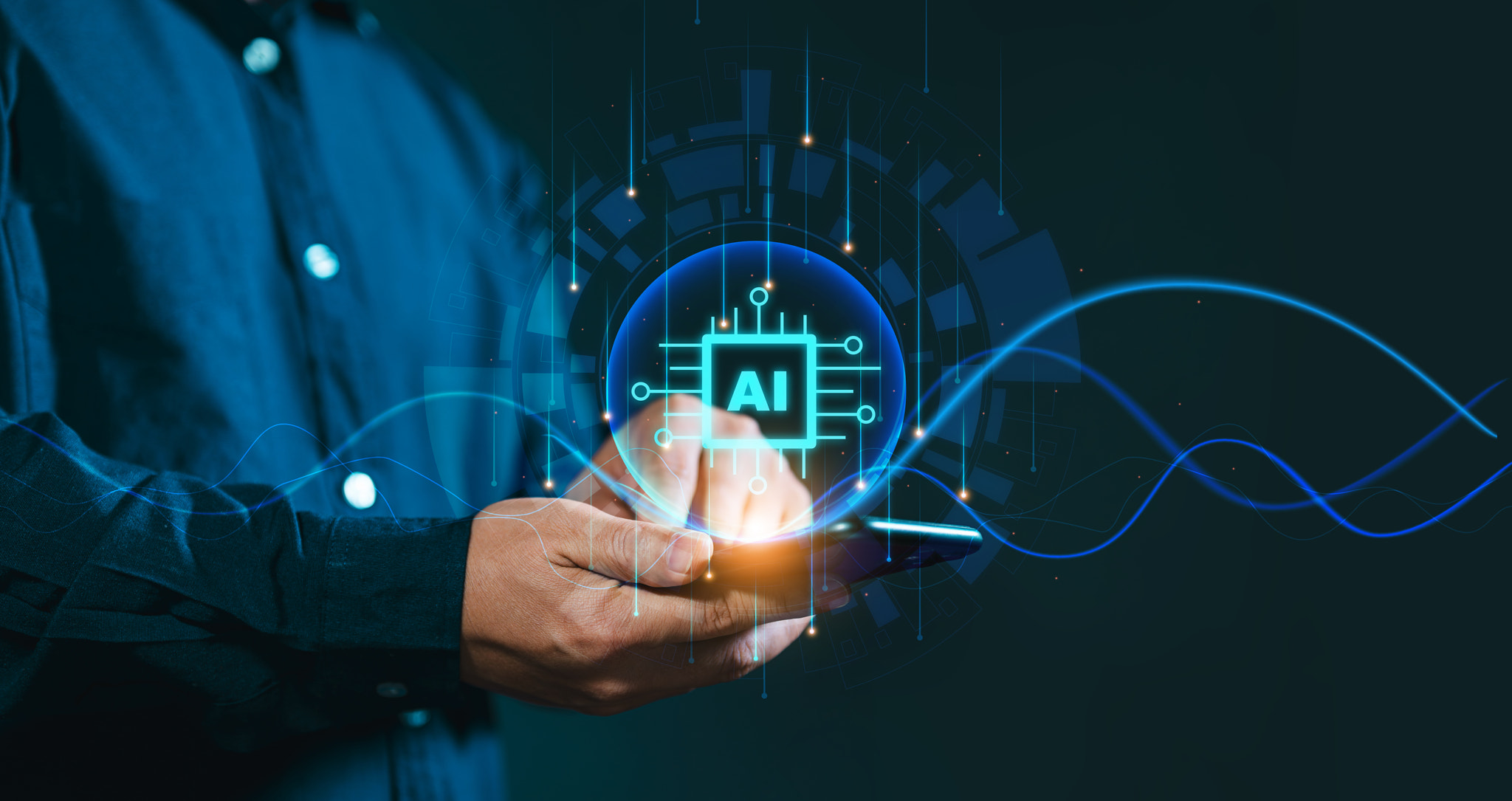 Businessman using a smartphone for a digital chatbot, ai smart robot application and conversation as