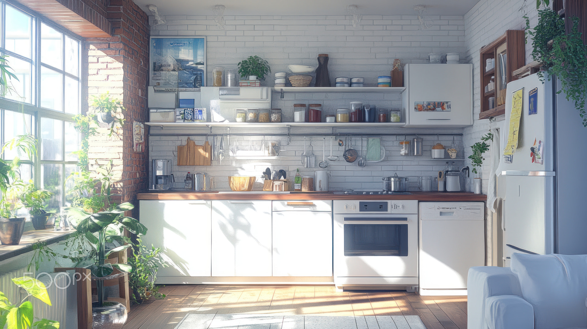 Sunny, minimalist kitchen with plants