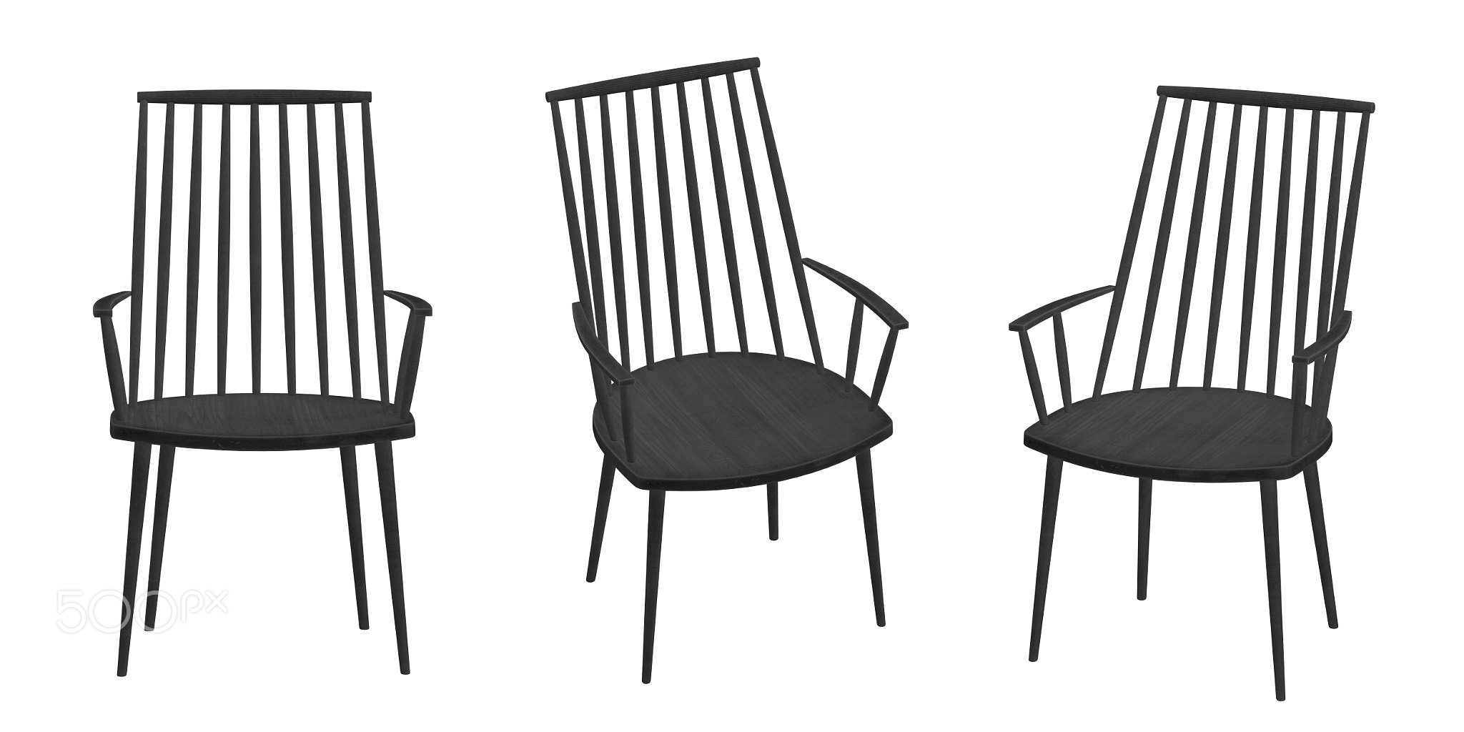 Black wooden chair with tall slatted back. Curved seat and slender legs.