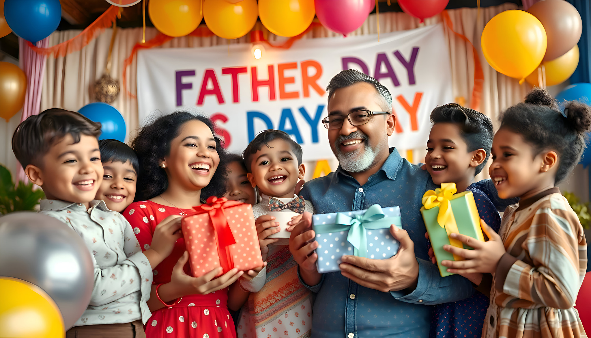 Smiling diverse family celebrating Father's Day with gifts and balloons