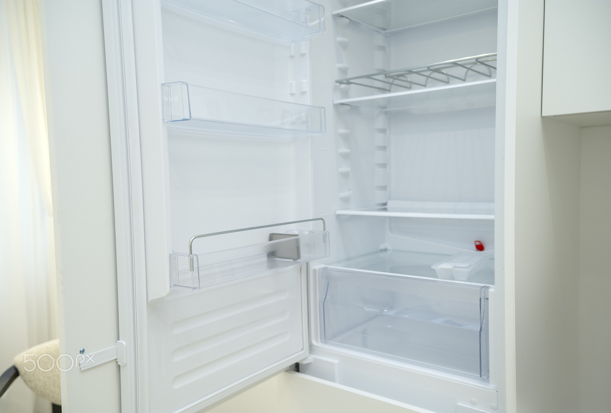 Open empty refrigerator. Refrigerator open empty fridge inside interior.