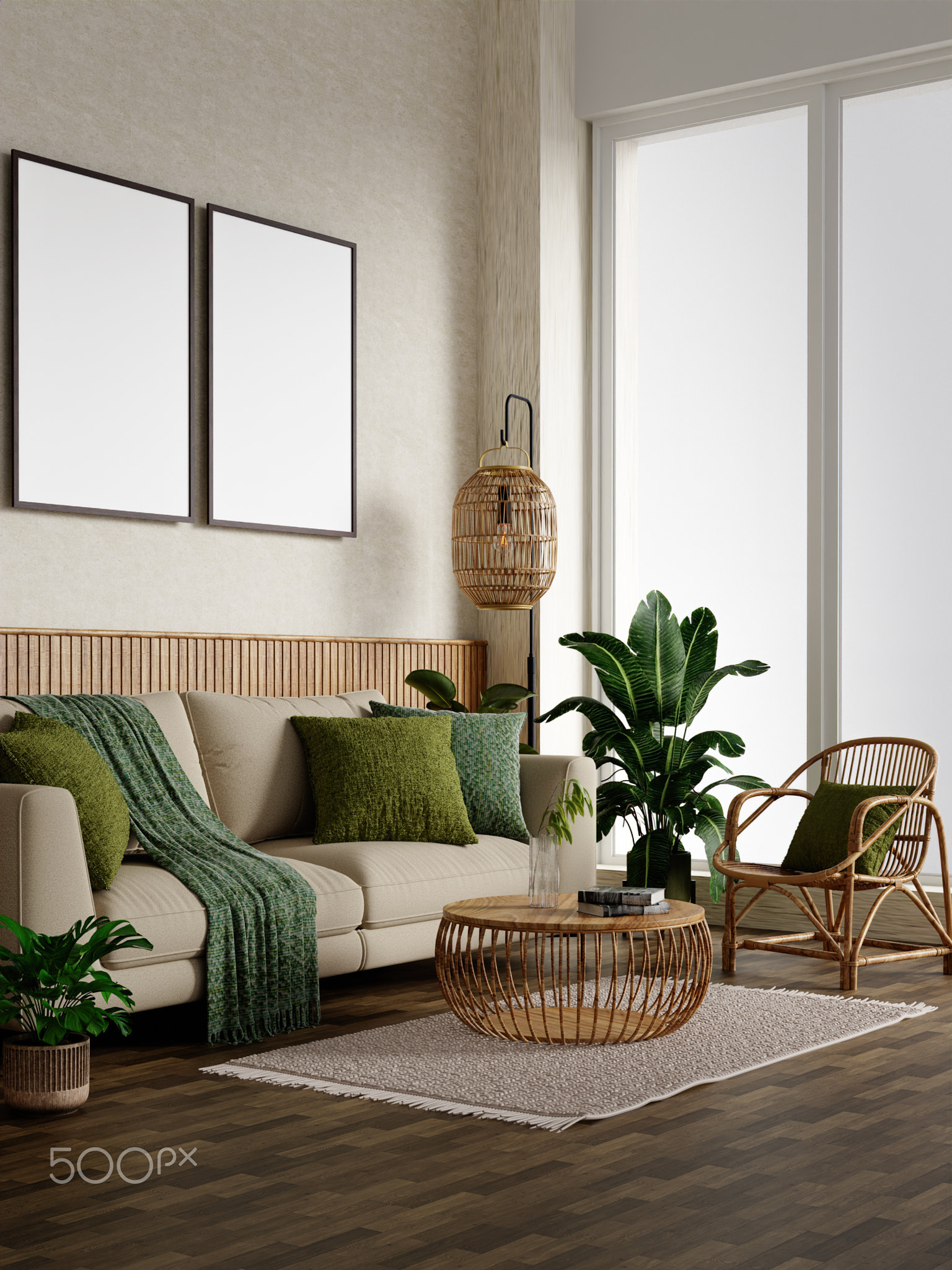 Sustainable living room interior with organic design and plants. 3D